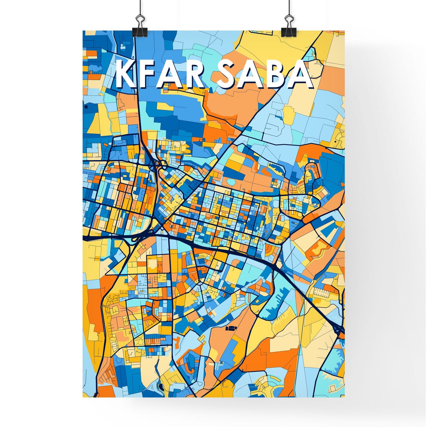 KFAR SABA ISRAEL Vibrant Colorful Art Map Poster Blue Orange