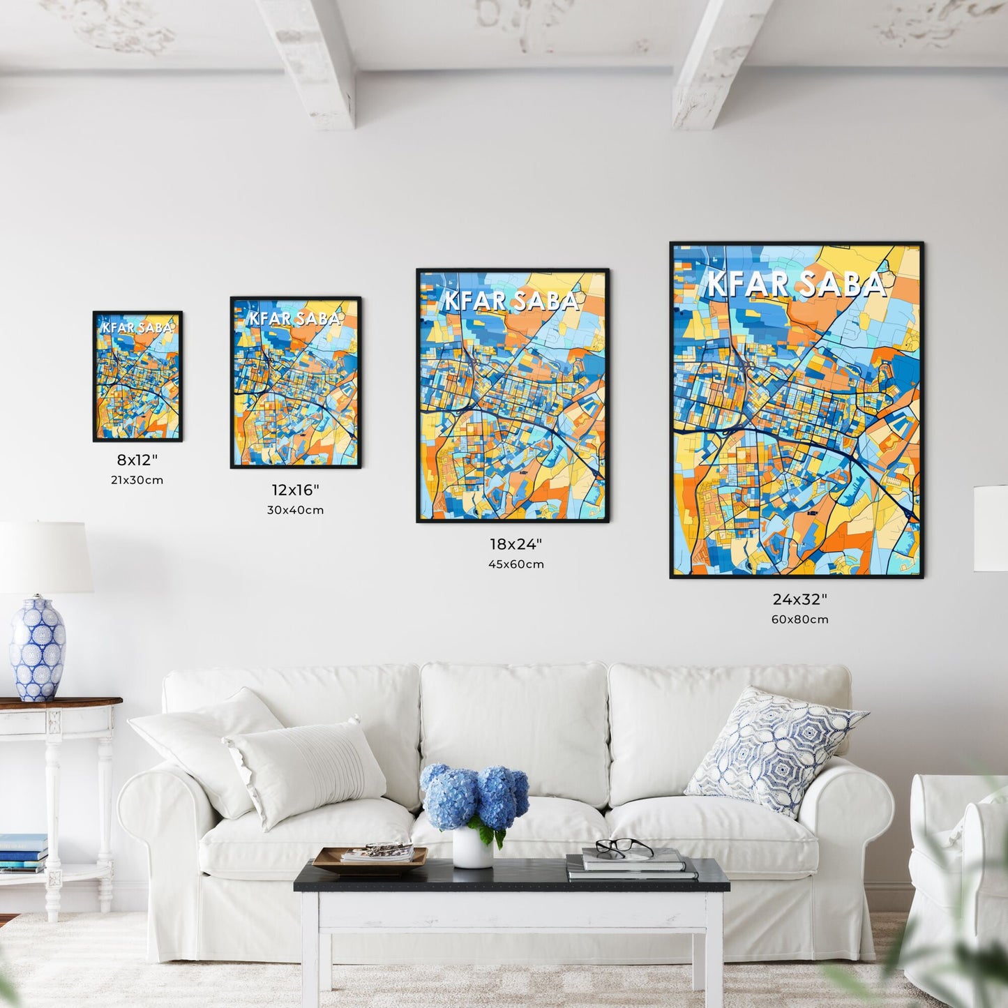 KFAR SABA ISRAEL Vibrant Colorful Art Map Poster Blue Orange