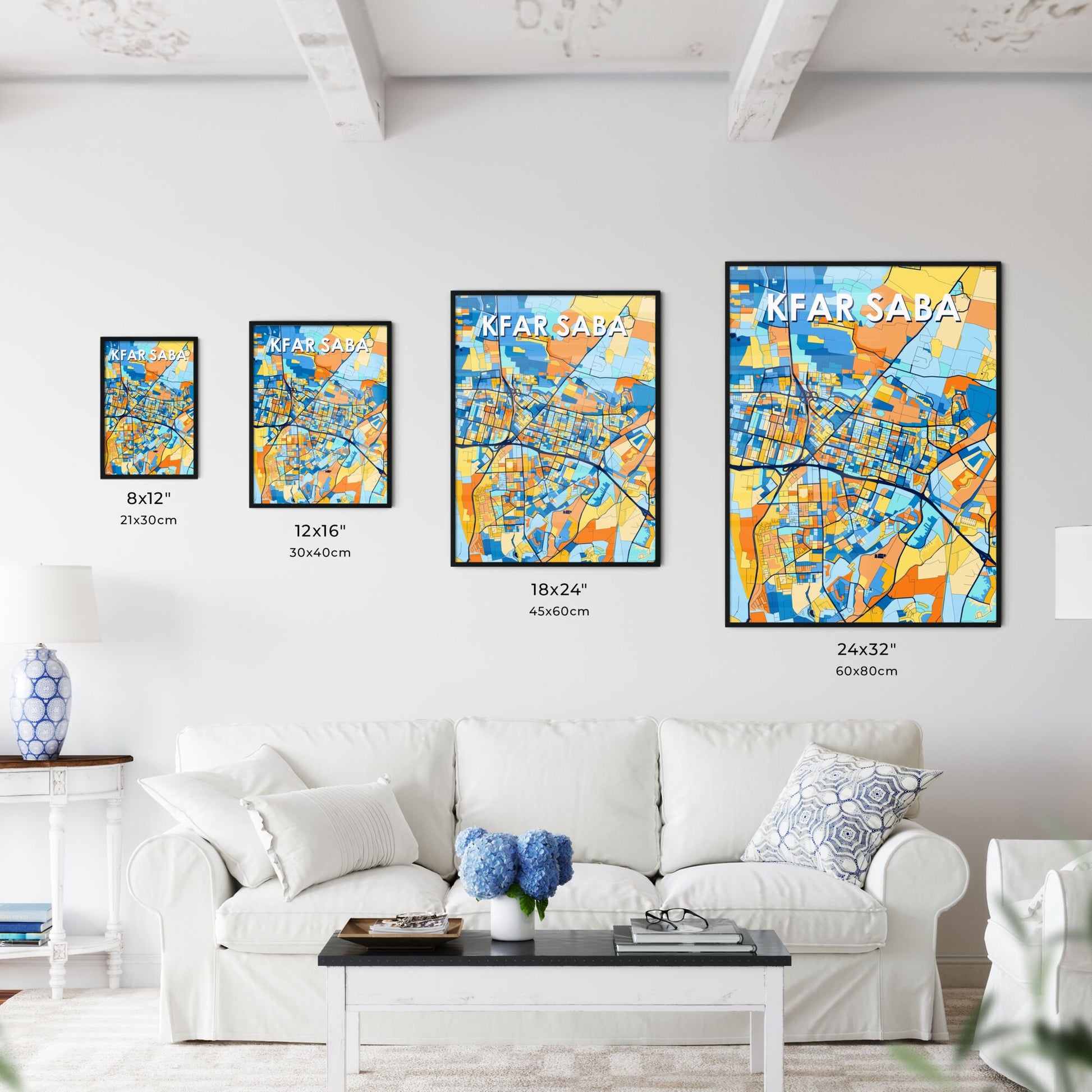 KFAR SABA ISRAEL Vibrant Colorful Art Map Poster Blue Orange