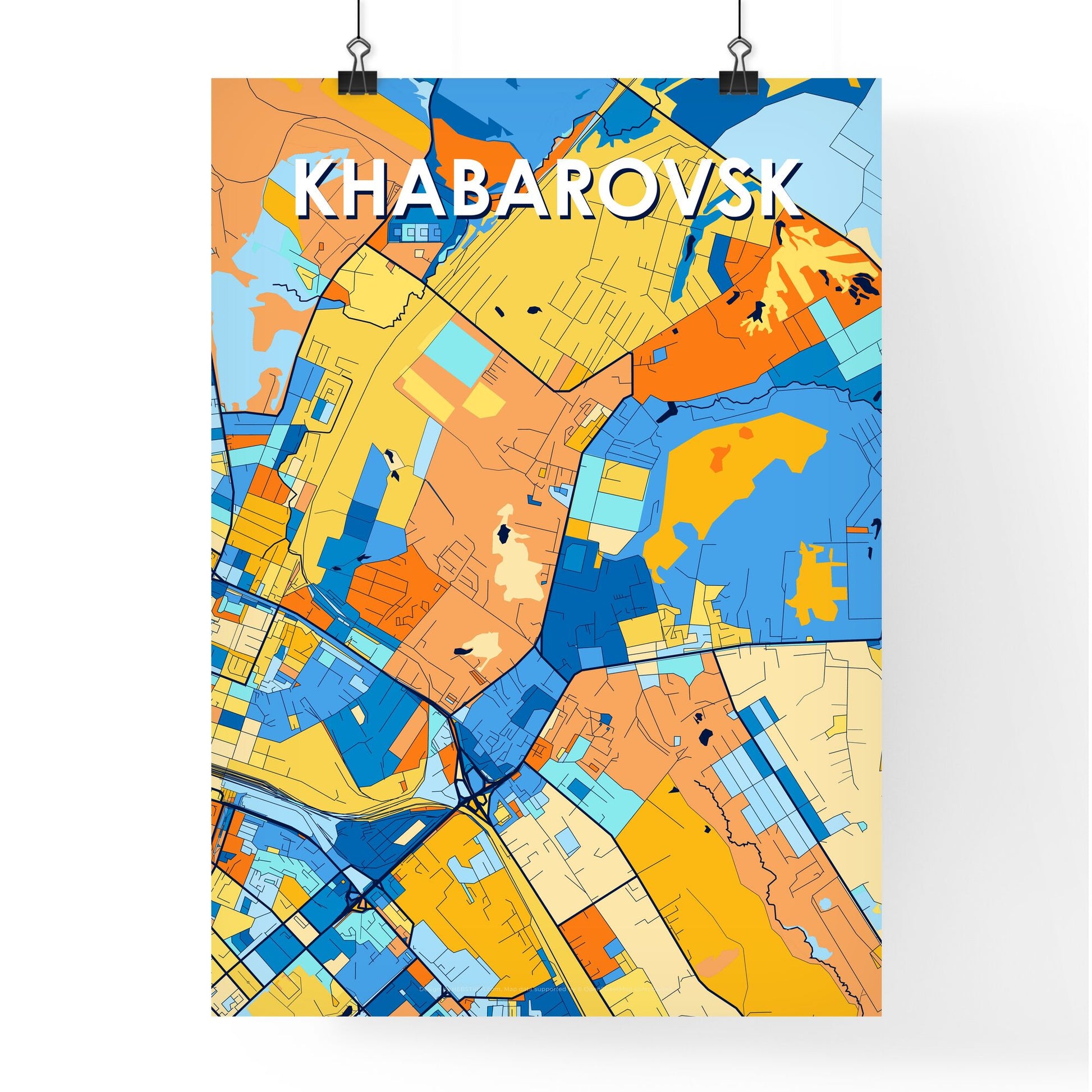 KHABAROVSK RUSSIA Vibrant Colorful Art Map Poster Blue Orange