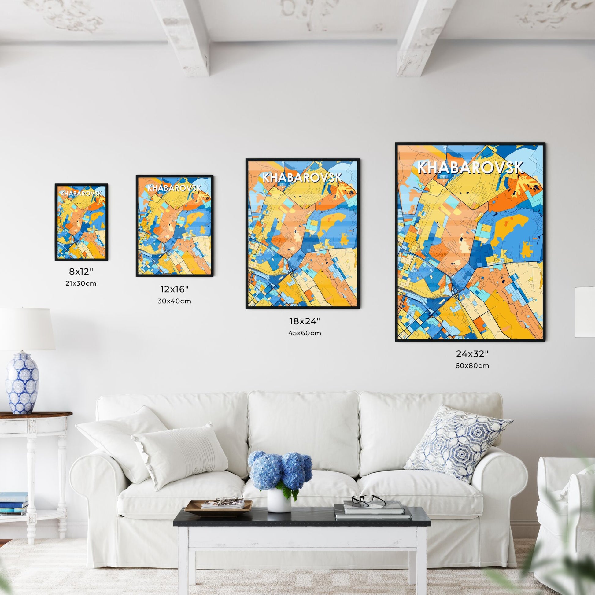 KHABAROVSK RUSSIA Vibrant Colorful Art Map Poster Blue Orange