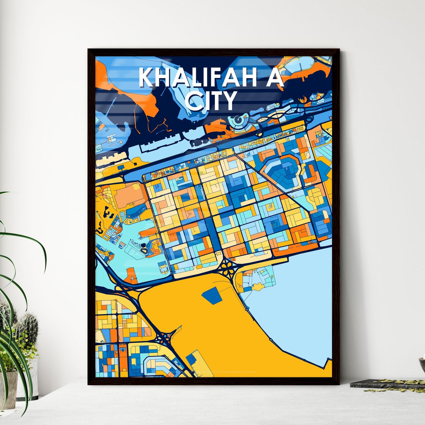 KHALIFAH A CITY UNITED ARAB EMIRATES Vibrant Colorful Art Map Poster Blue Orange