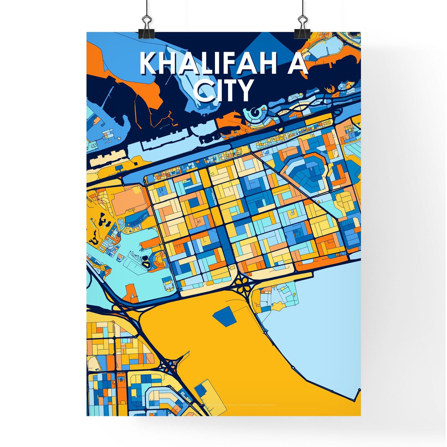 KHALIFAH A CITY UNITED ARAB EMIRATES Vibrant Colorful Art Map Poster Blue Orange