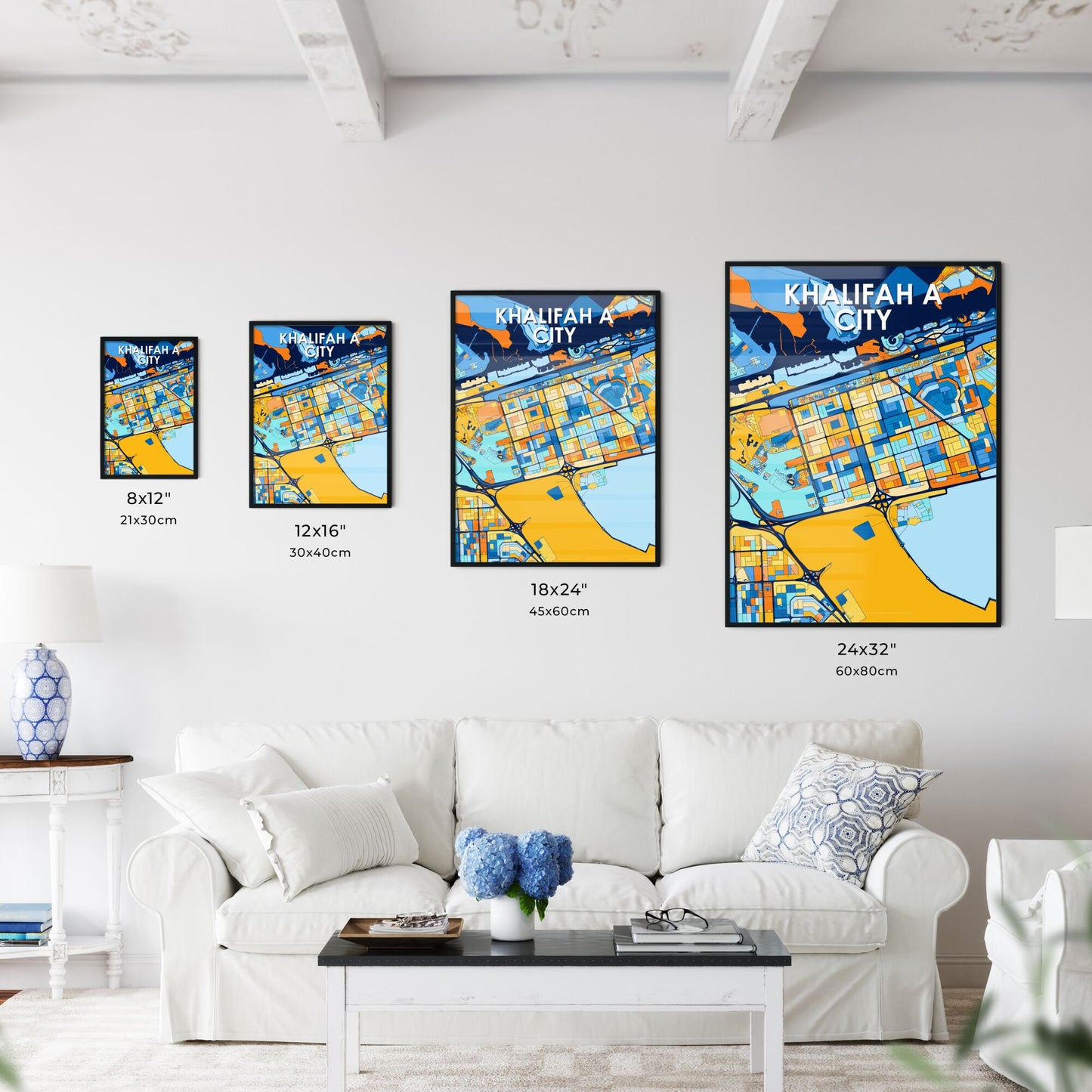 KHALIFAH A CITY UNITED ARAB EMIRATES Vibrant Colorful Art Map Poster Blue Orange