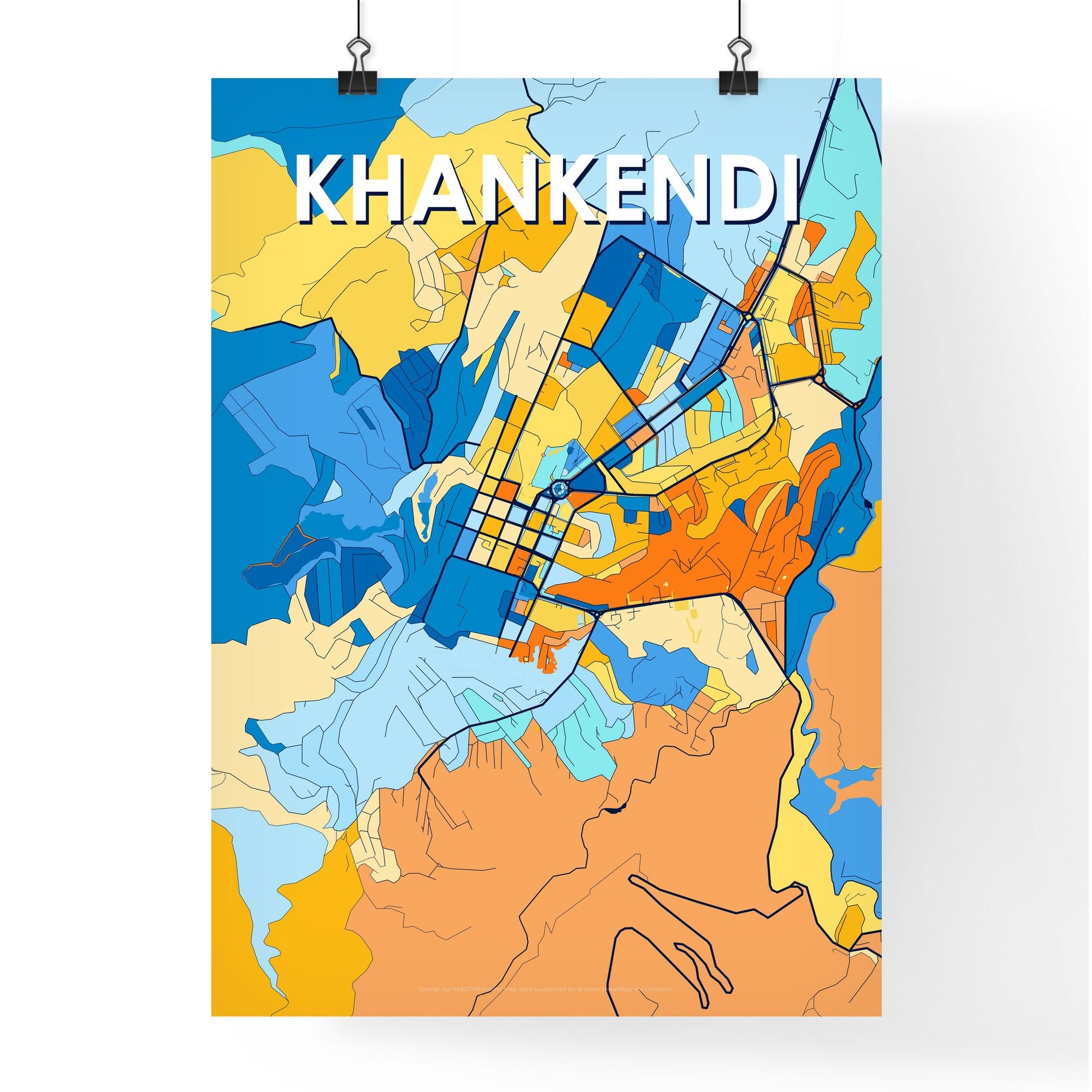 KHANKENDI AZERBAIJAN Vibrant Colorful Art Map Poster Blue Orange