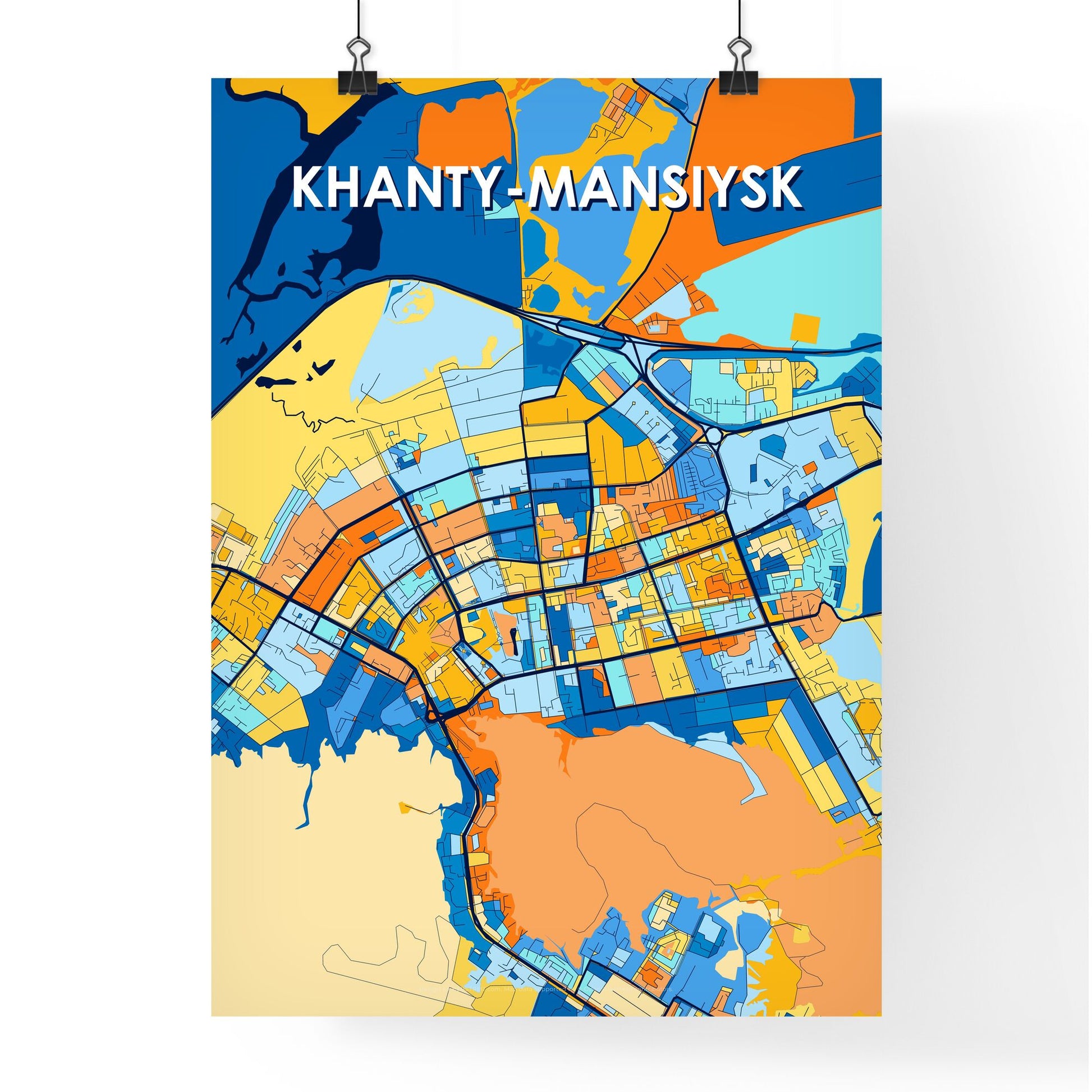 KHANTY-MANSIYSK RUSSIA Vibrant Colorful Art Map Poster Blue Orange