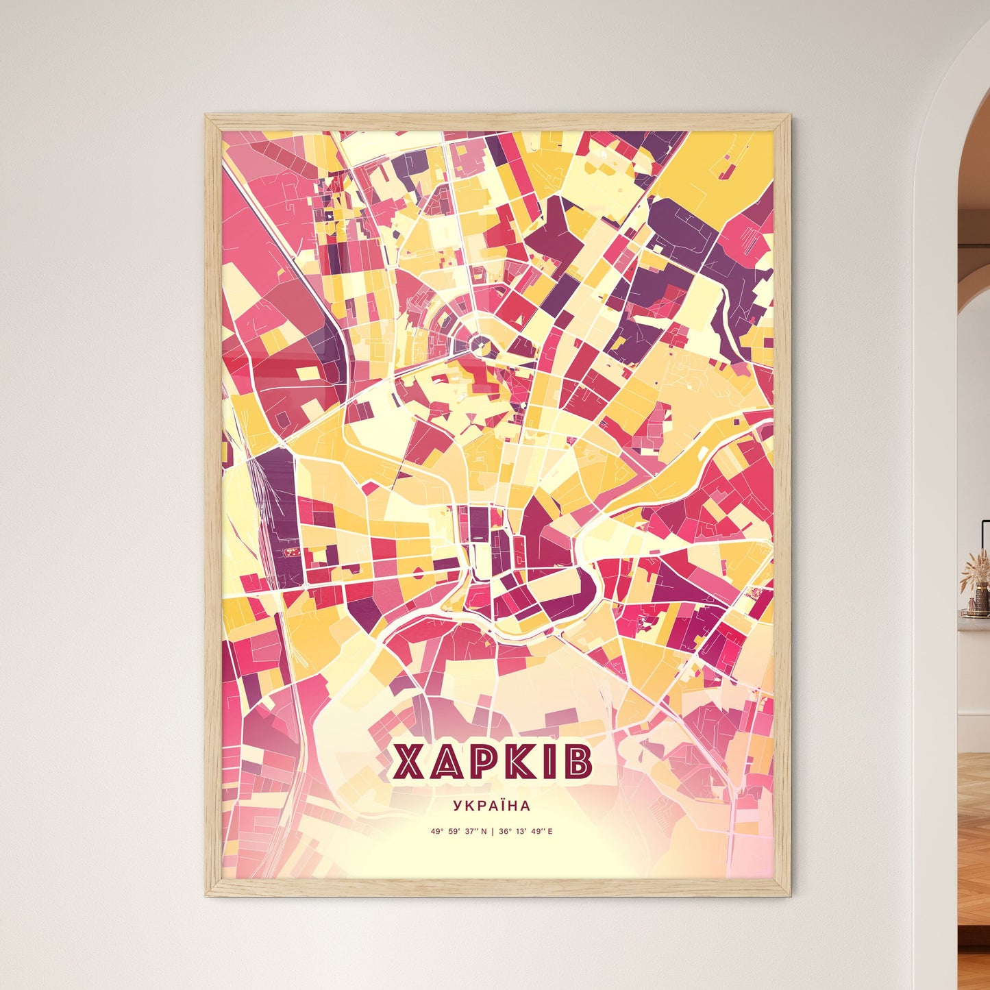 Colorful Kharkiv Ukraine Fine Art Map Hot Red