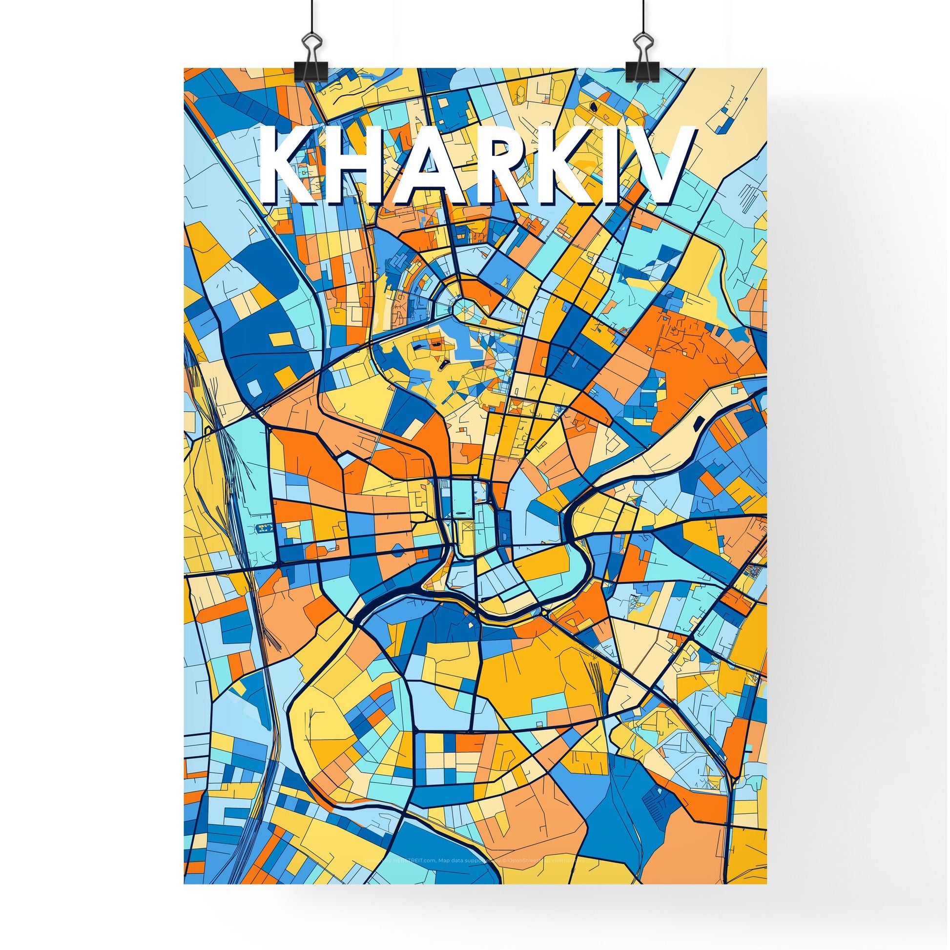 KHARKIV UKRAINE Vibrant Colorful Art Map Poster Blue Orange