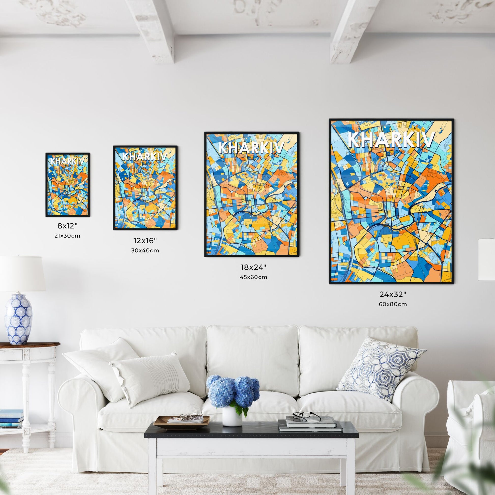 KHARKIV UKRAINE Vibrant Colorful Art Map Poster Blue Orange