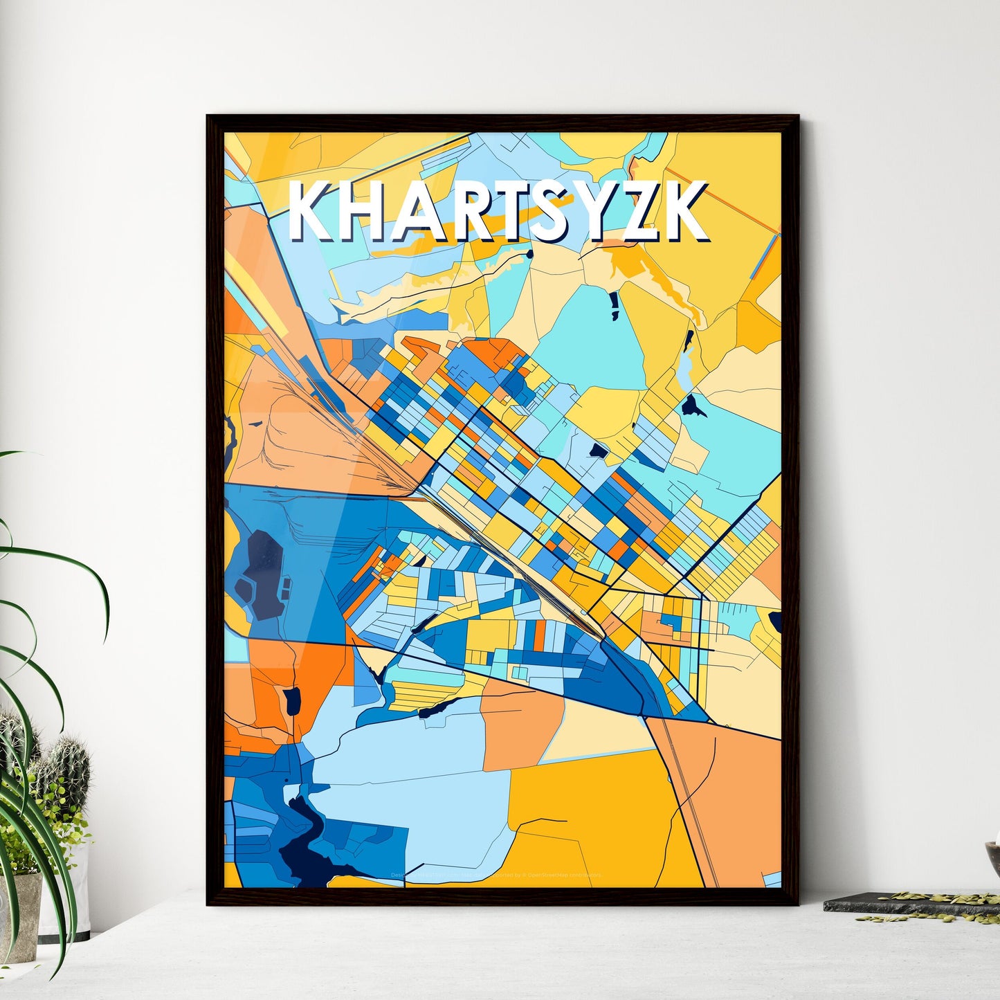 KHARTSYZK UKRAINE Vibrant Colorful Art Map Poster Blue Orange