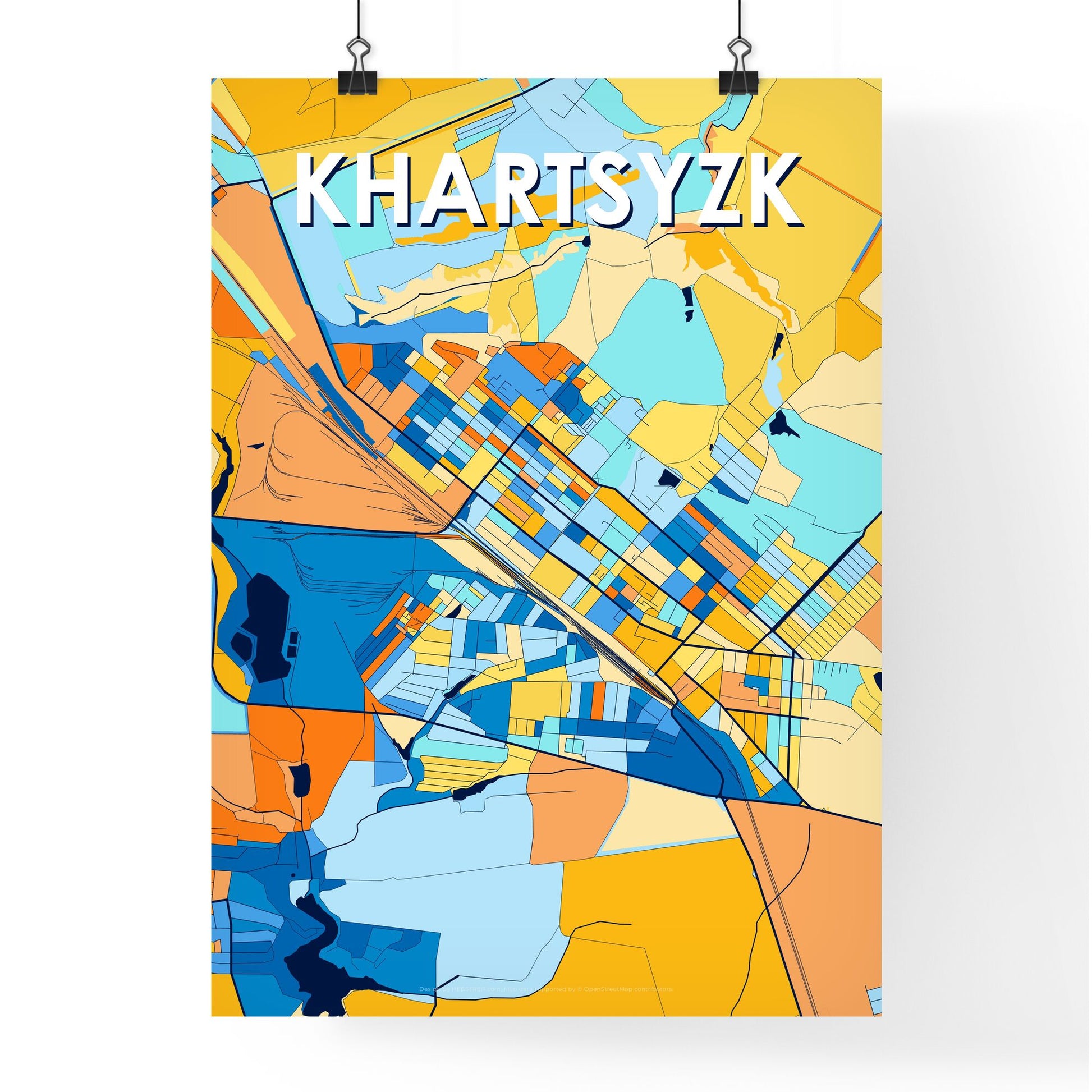 KHARTSYZK UKRAINE Vibrant Colorful Art Map Poster Blue Orange