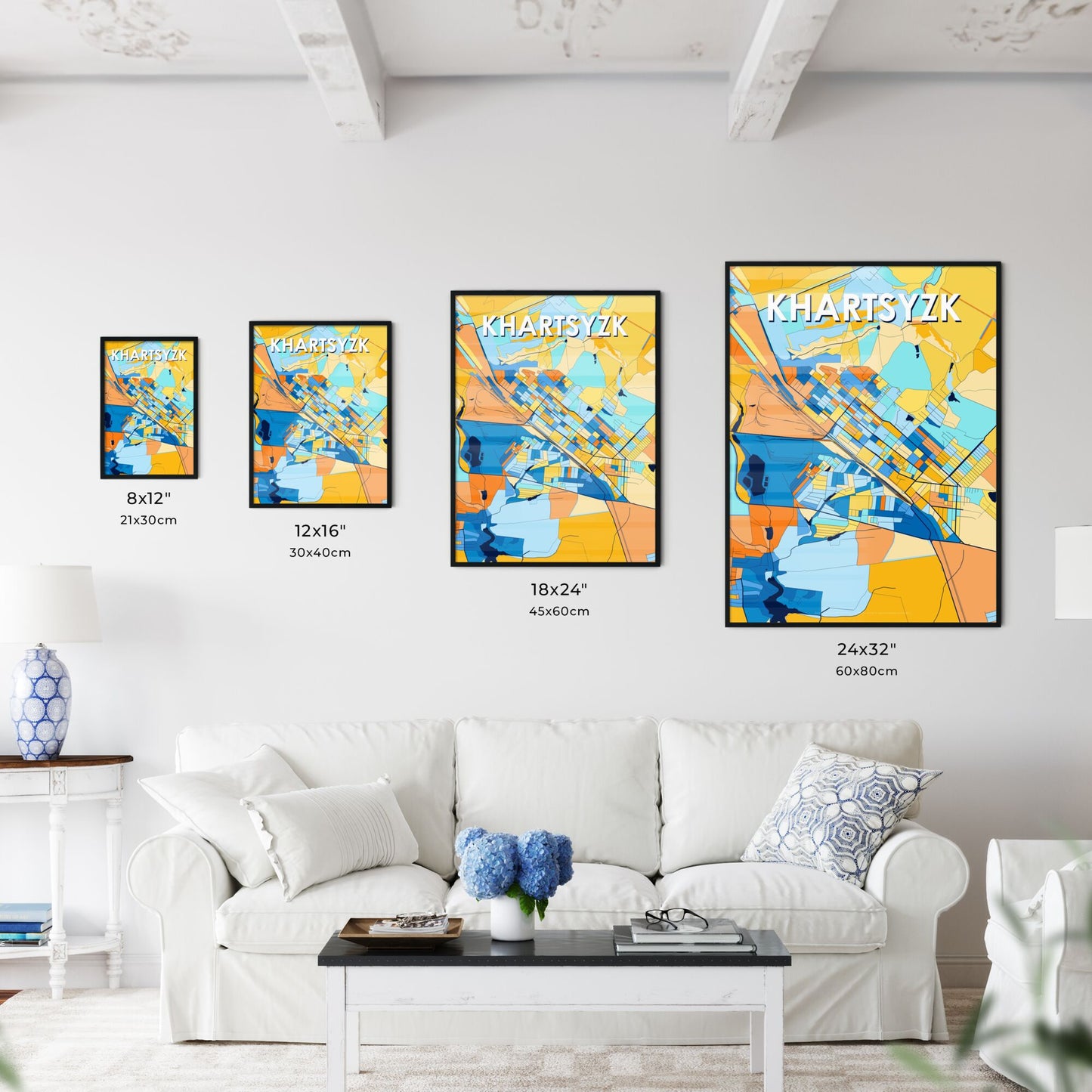 KHARTSYZK UKRAINE Vibrant Colorful Art Map Poster Blue Orange