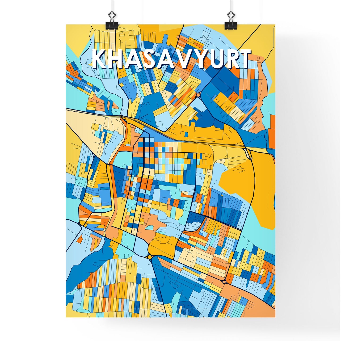 KHASAVYURT RUSSIA Vibrant Colorful Art Map Poster Blue Orange