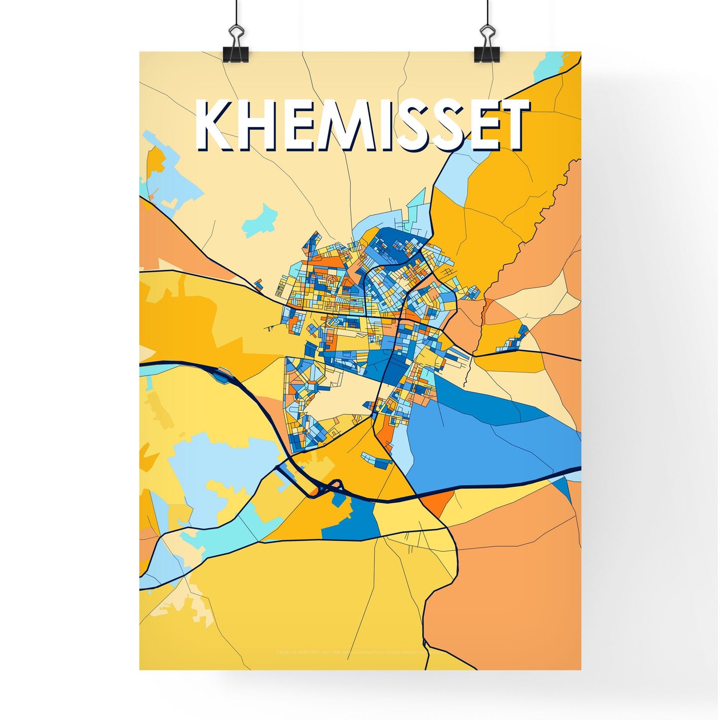 KHEMISSET MOROCCO Vibrant Colorful Art Map Poster Blue Orange