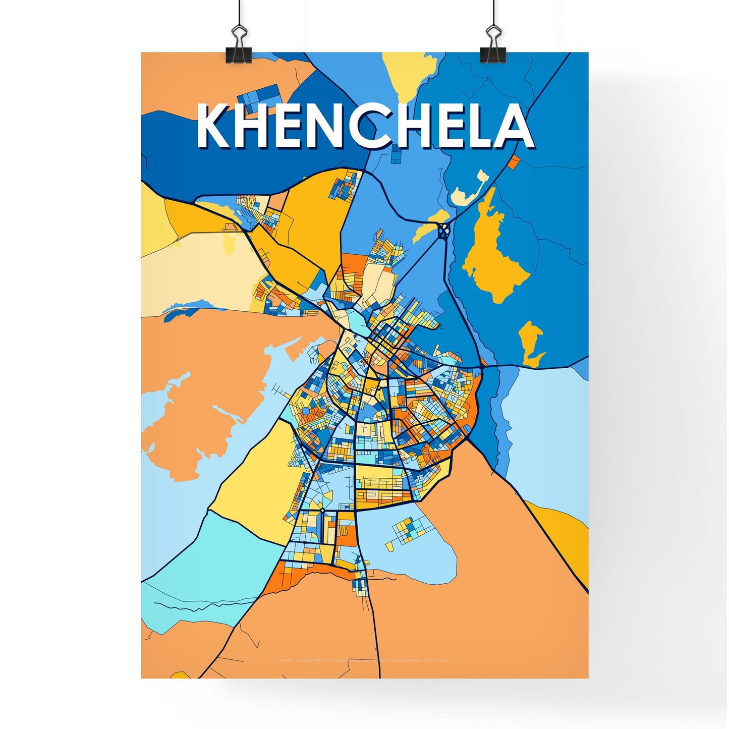 KHENCHELA ALGERIA Vibrant Colorful Art Map Poster Blue Orange