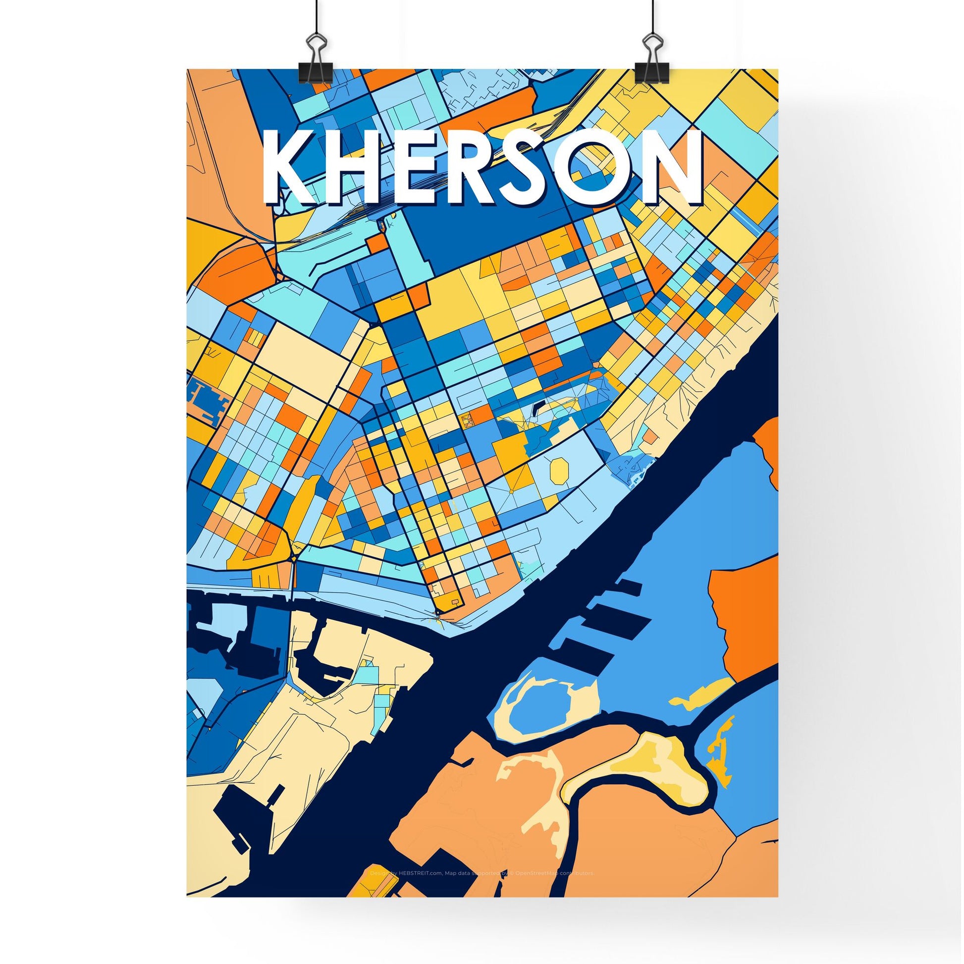 KHERSON UKRAINE Vibrant Colorful Art Map Poster Blue Orange