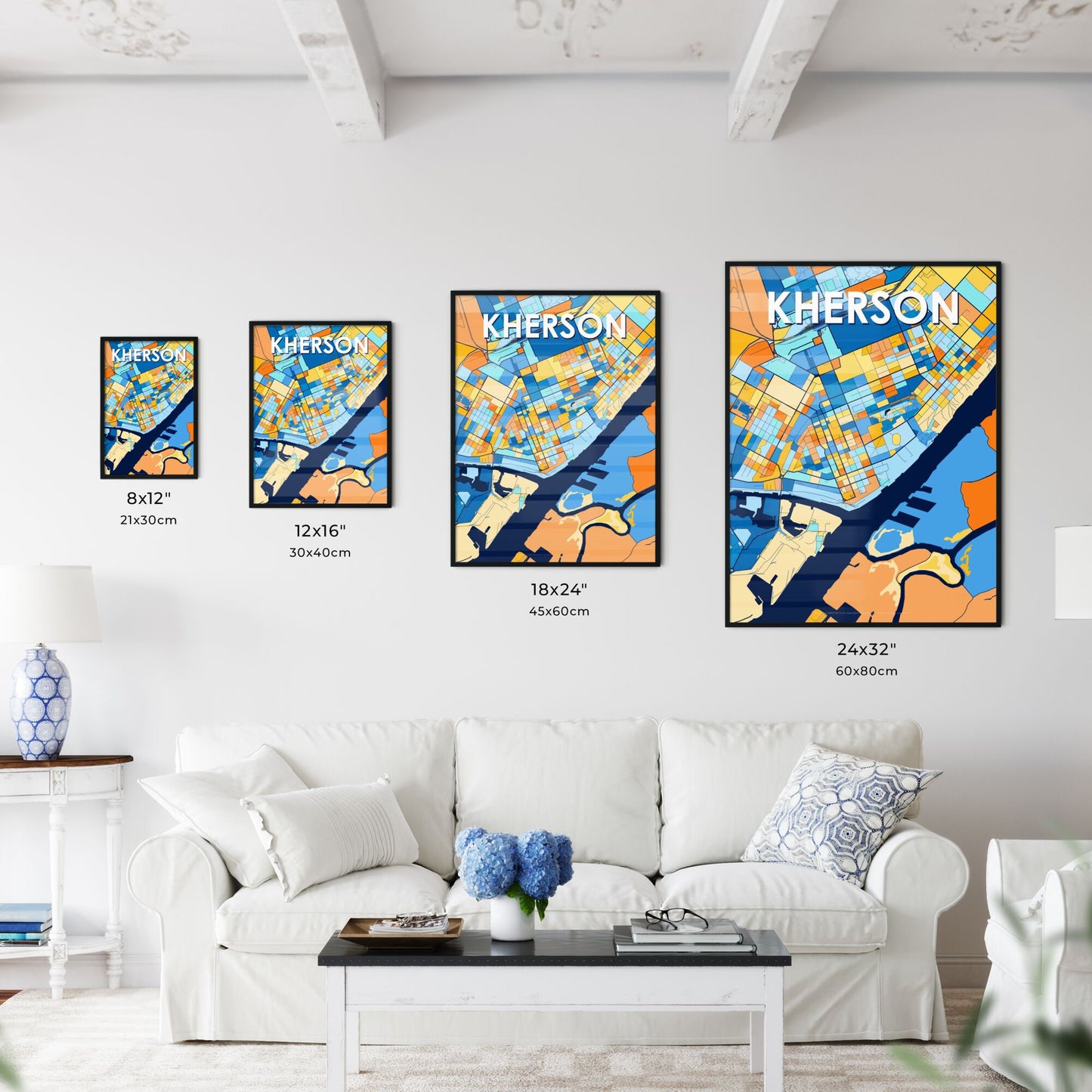 KHERSON UKRAINE Vibrant Colorful Art Map Poster Blue Orange