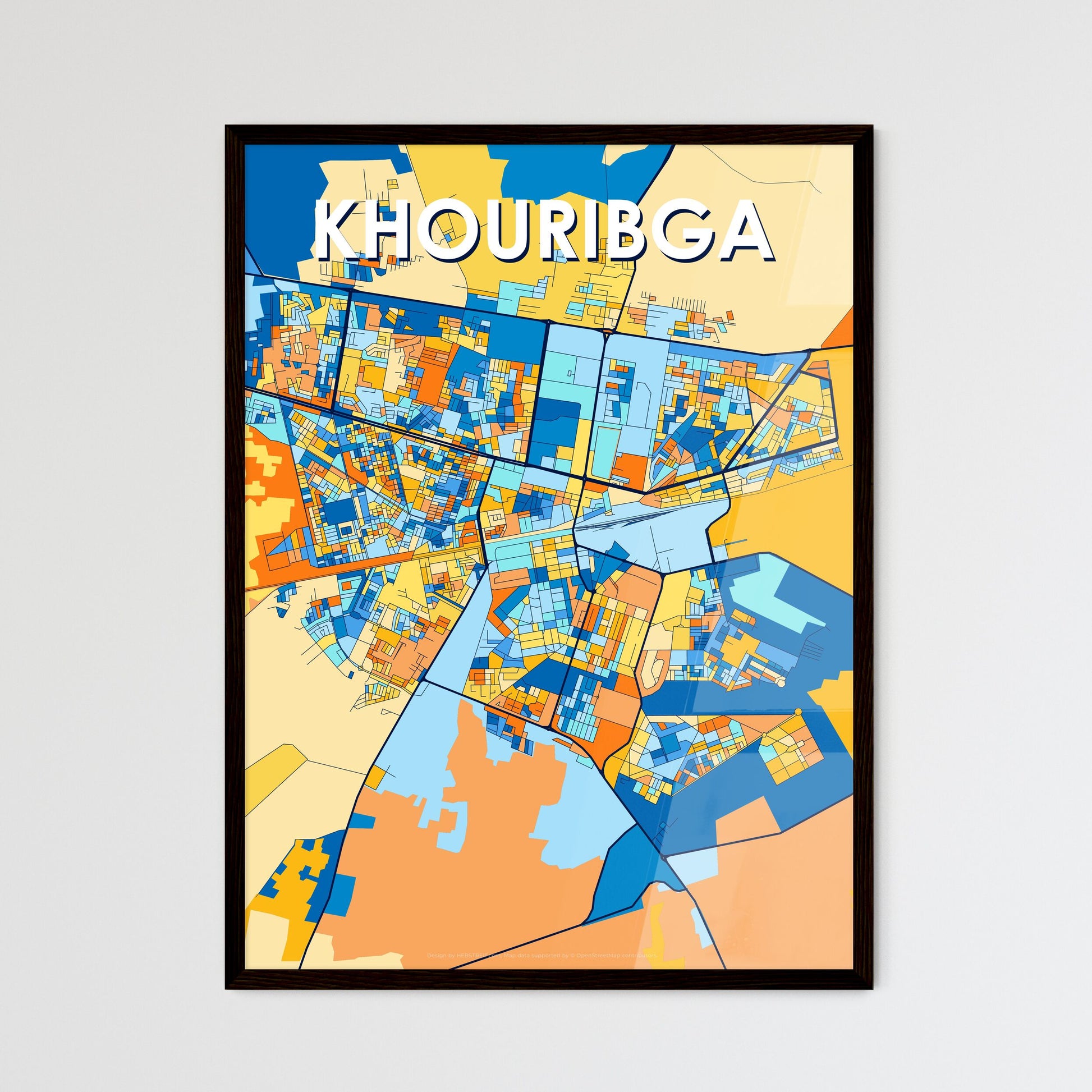 KHOURIBGA MOROCCO Vibrant Colorful Art Map Poster Blue Orange