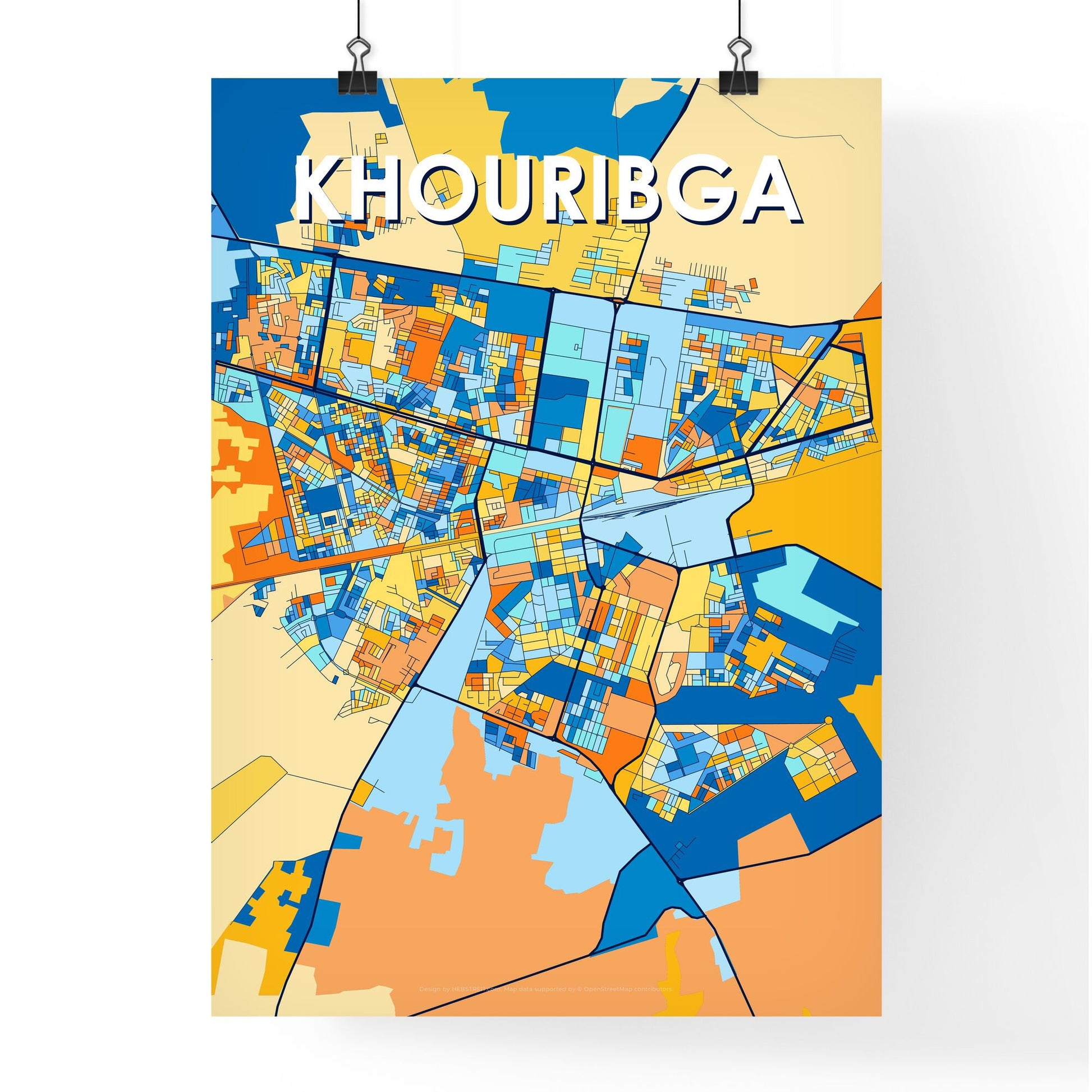 KHOURIBGA MOROCCO Vibrant Colorful Art Map Poster Blue Orange