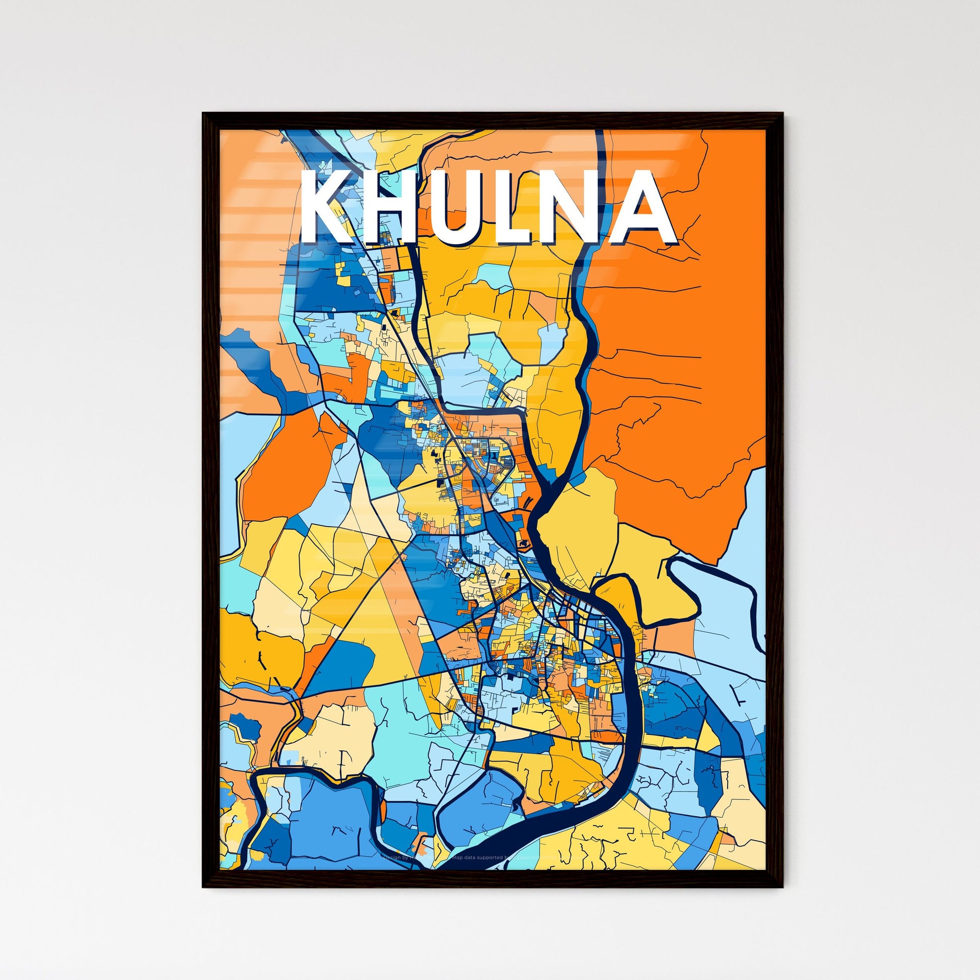 KHULNA BANGLADESH Vibrant Colorful Art Map Poster Blue Orange