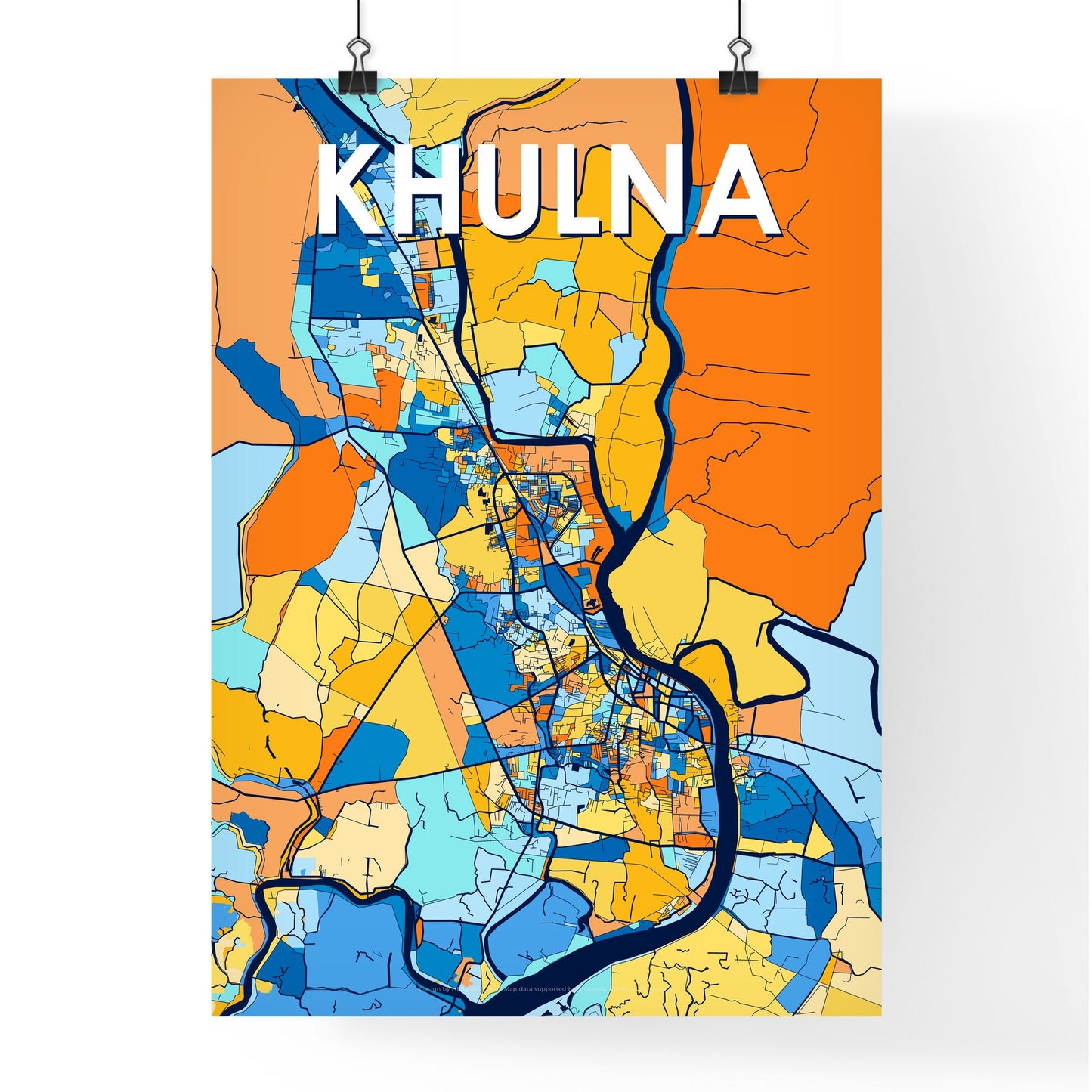 KHULNA BANGLADESH Vibrant Colorful Art Map Poster Blue Orange