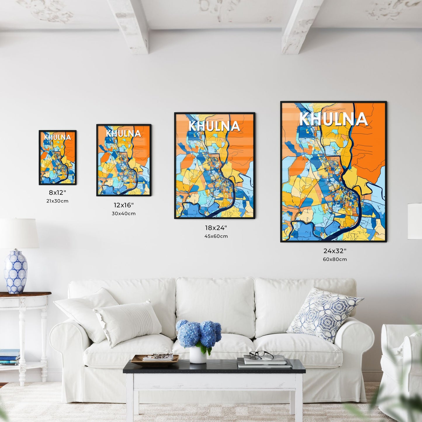 KHULNA BANGLADESH Vibrant Colorful Art Map Poster Blue Orange