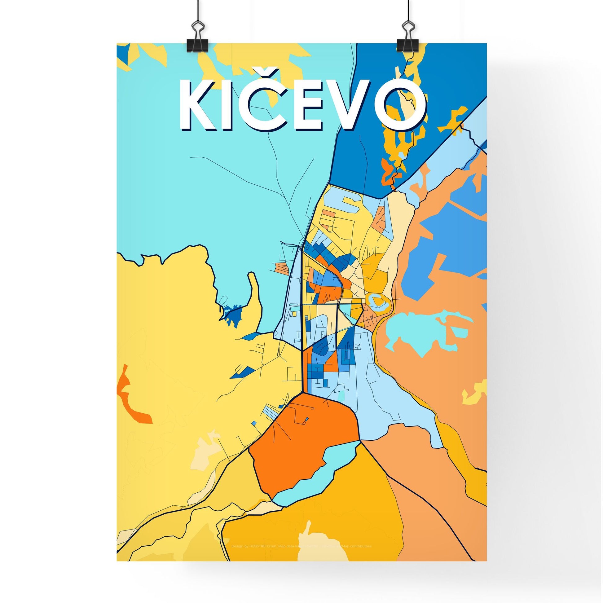 KIČEVO NORTH MACEDONIA Vibrant Colorful Art Map Poster Blue Orange