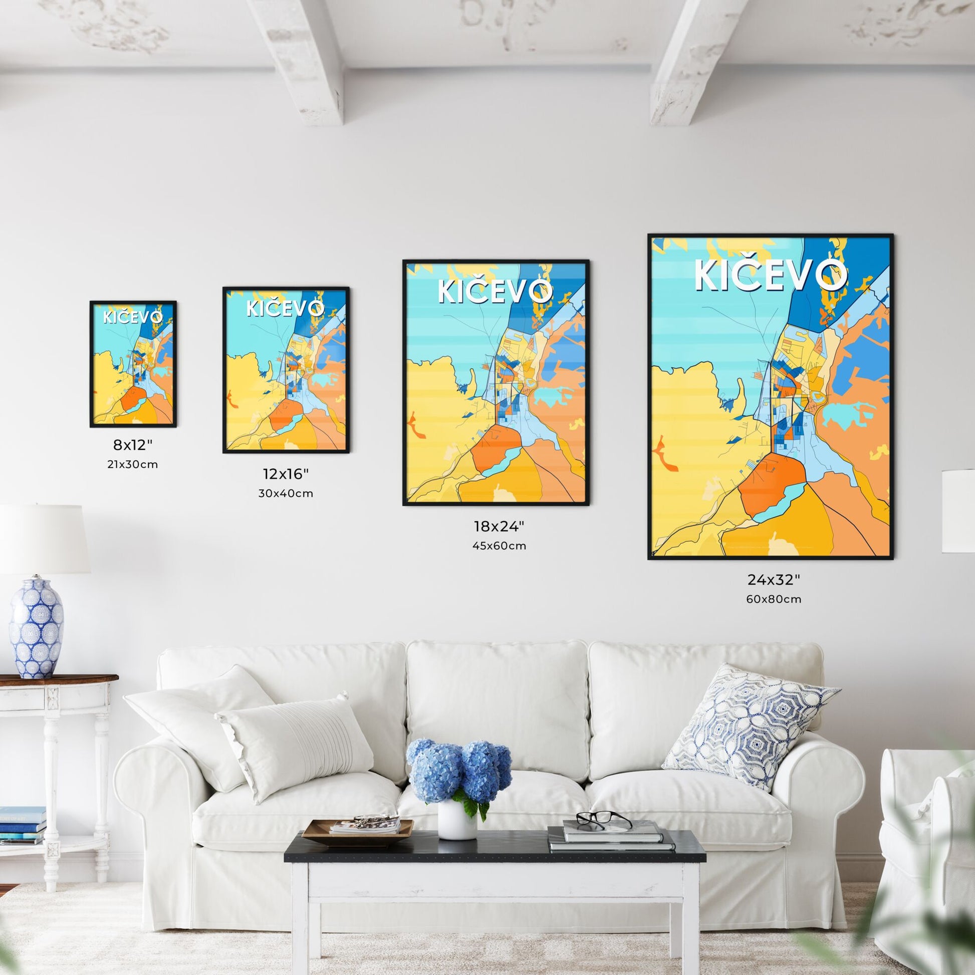 KIČEVO NORTH MACEDONIA Vibrant Colorful Art Map Poster Blue Orange