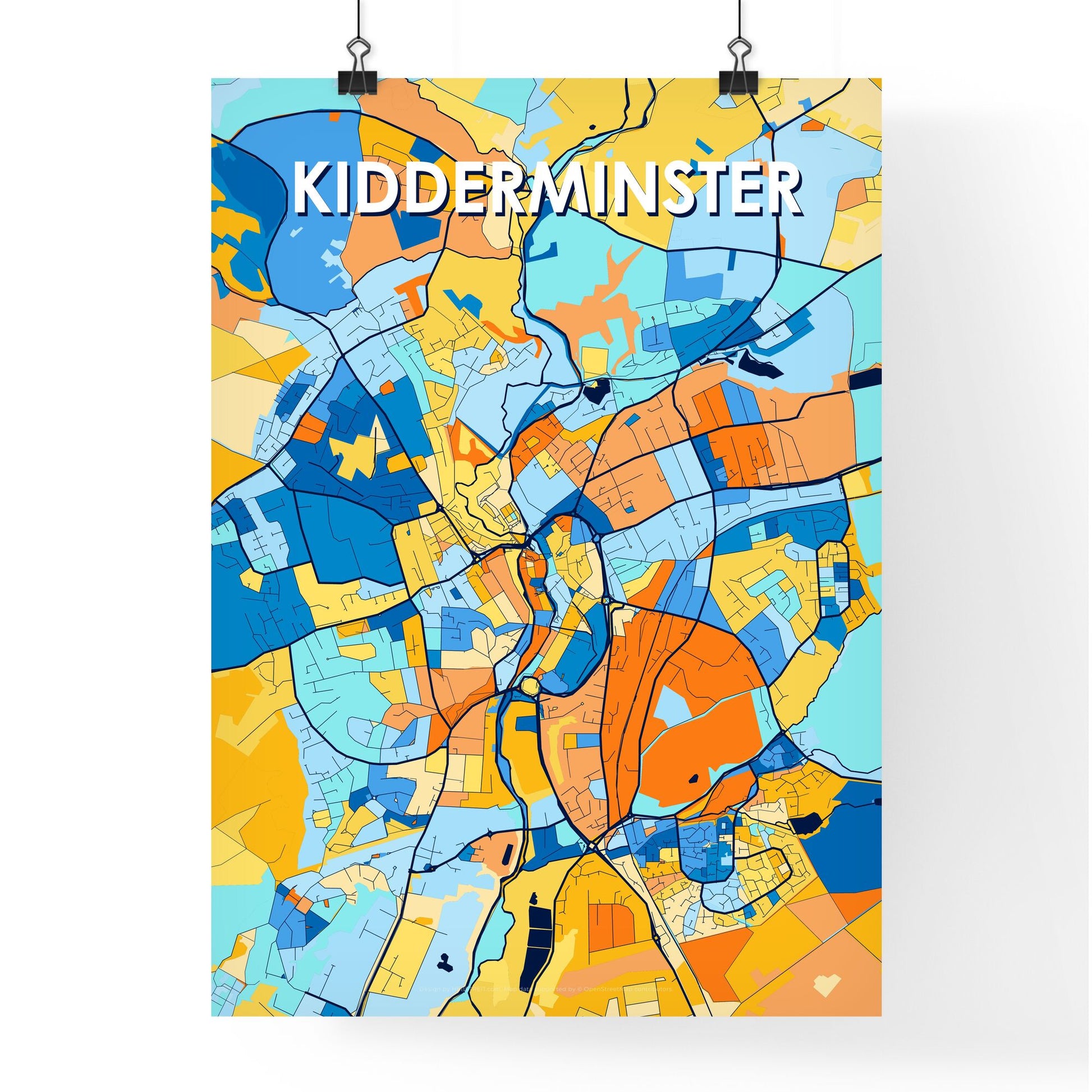 KIDDERMINSTER ENGLAND Vibrant Colorful Art Map Poster Blue Orange