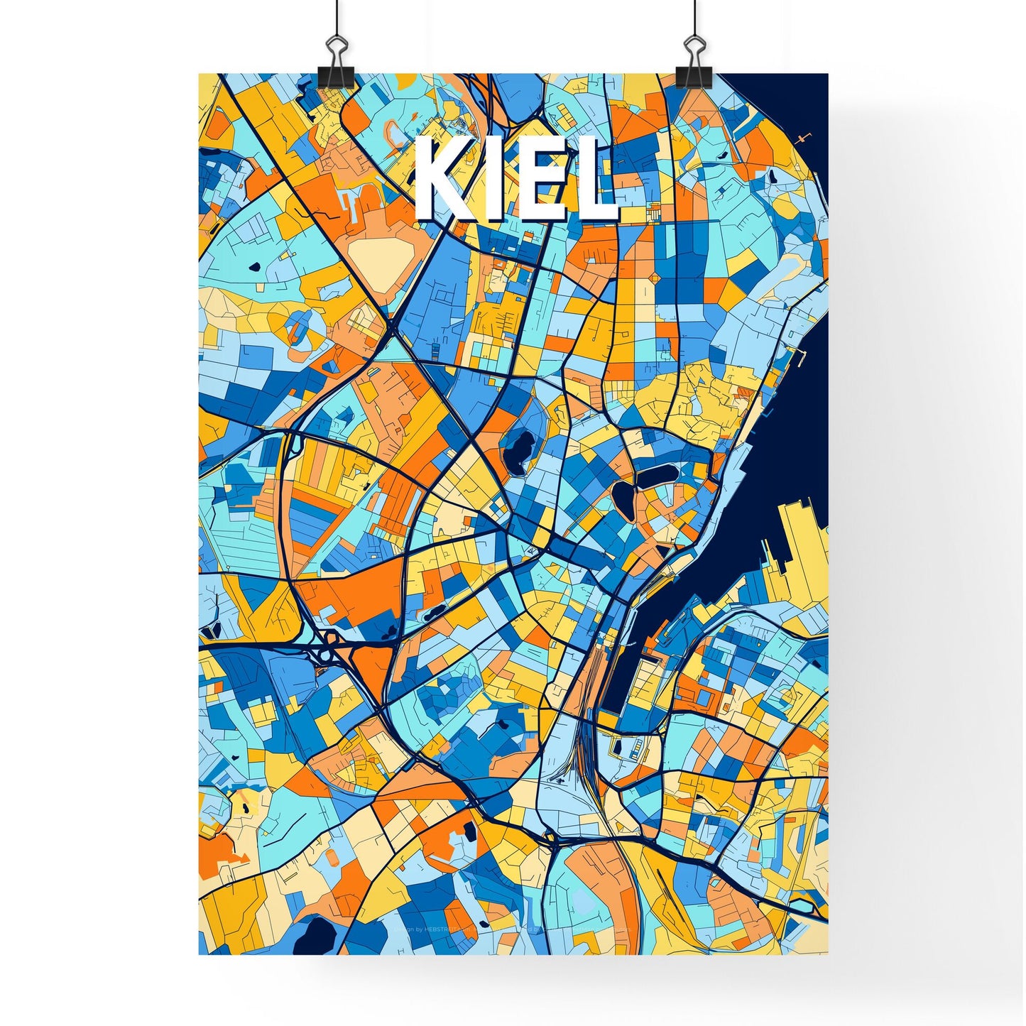 KIEL GERMANY Vibrant Colorful Art Map Poster Blue Orange