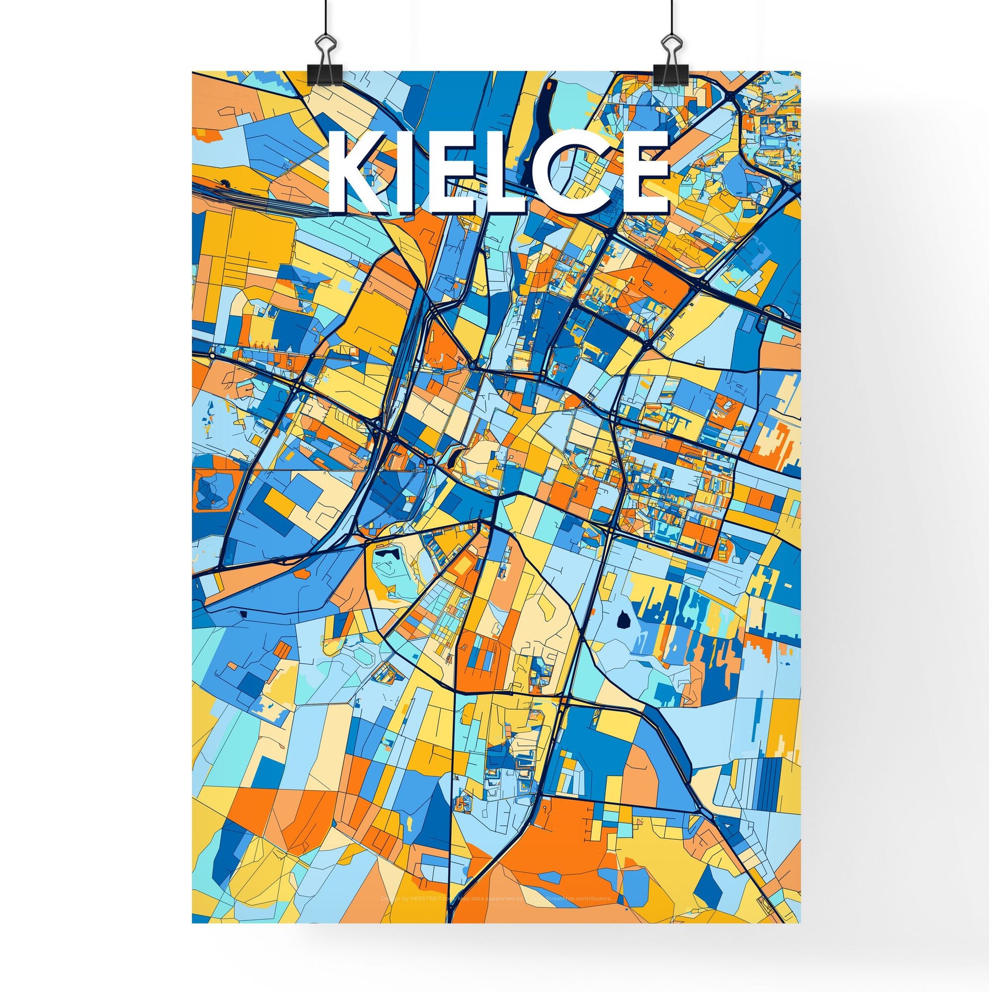 KIELCE POLAND Vibrant Colorful Art Map Poster Blue Orange