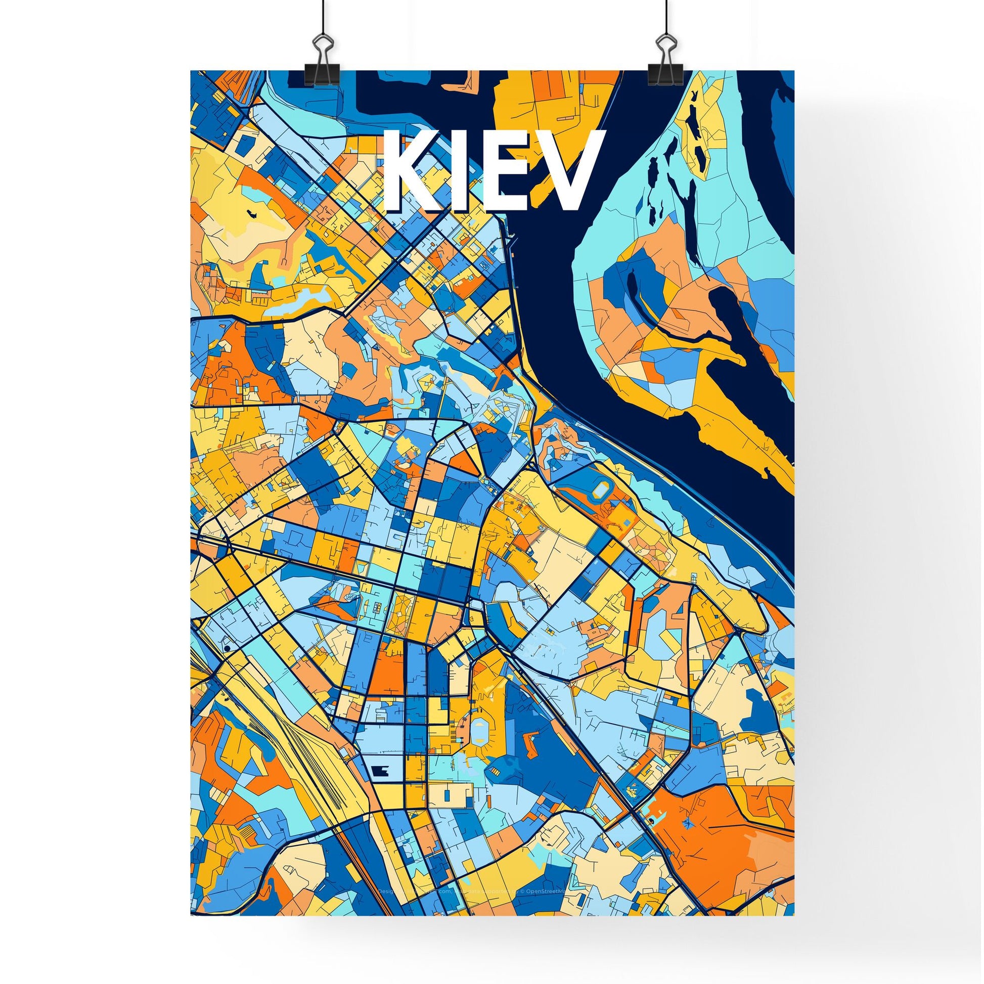 KIEV UKRAINE Vibrant Colorful Art Map Poster Blue Orange