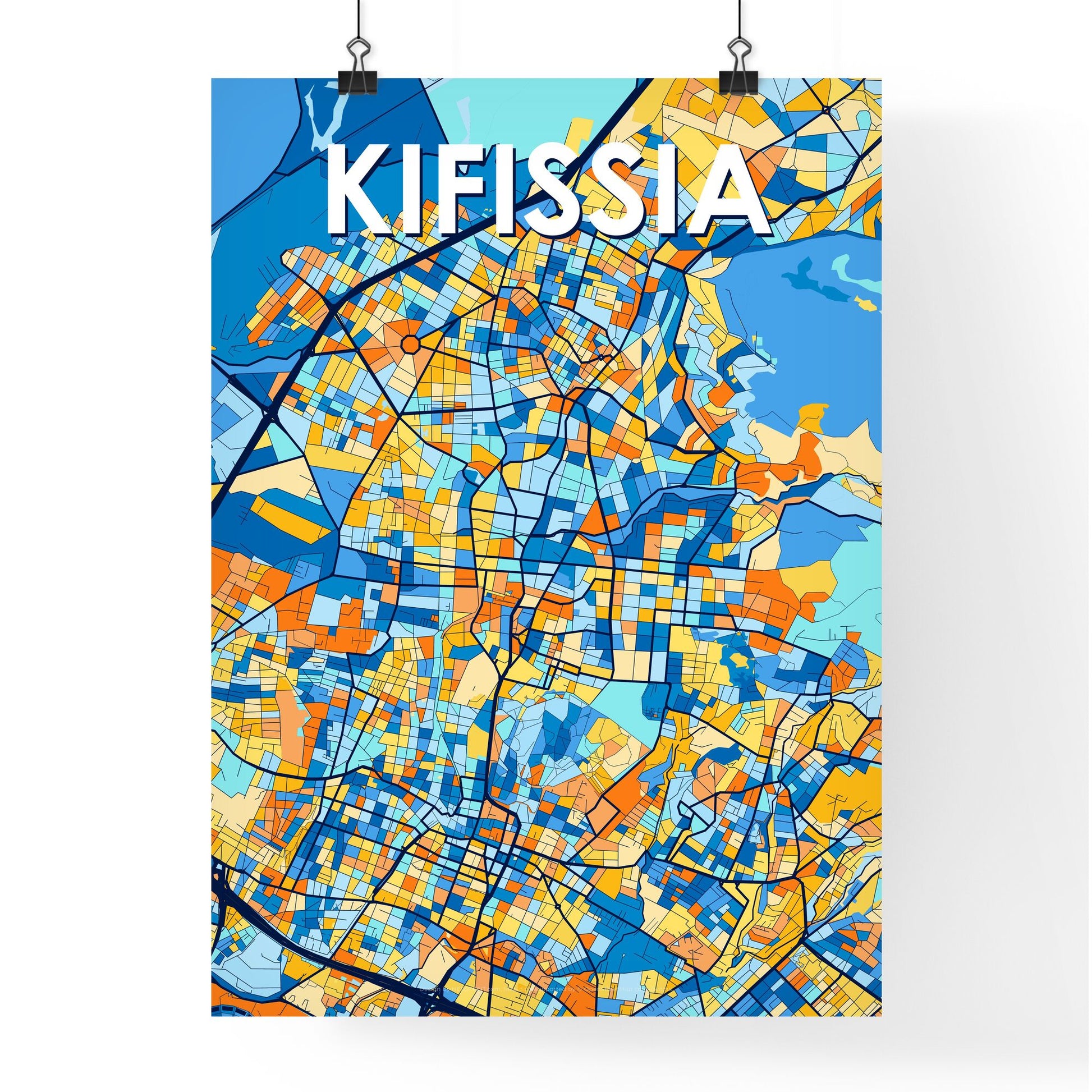 KIFISSIA GREECE Vibrant Colorful Art Map Poster Blue Orange