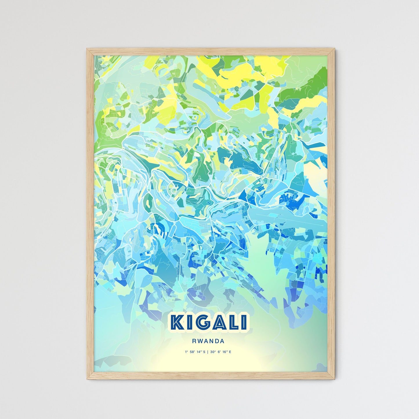 Colorful Kigali Rwanda Fine Art Map Cool Blue