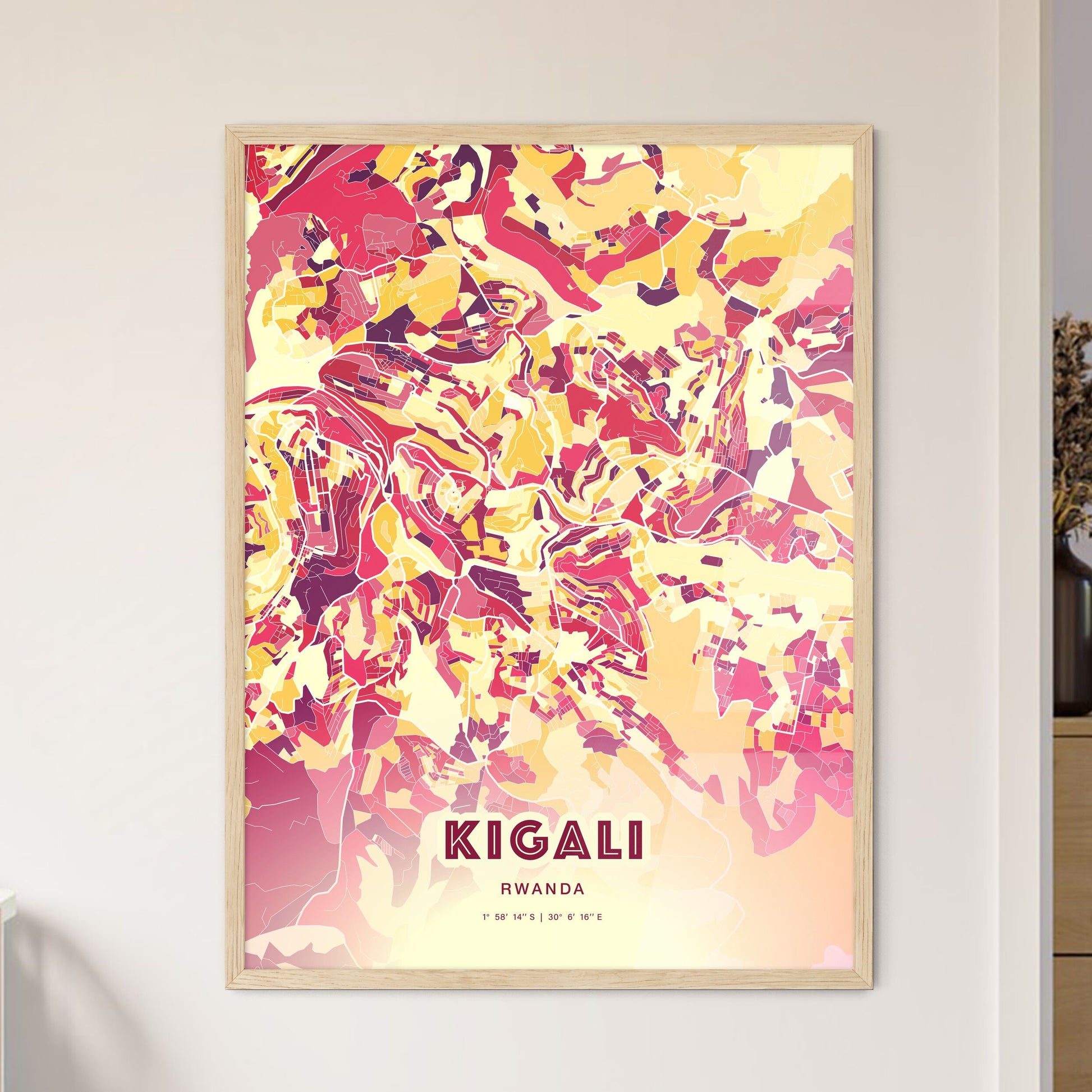 Colorful Kigali Rwanda Fine Art Map Hot Red