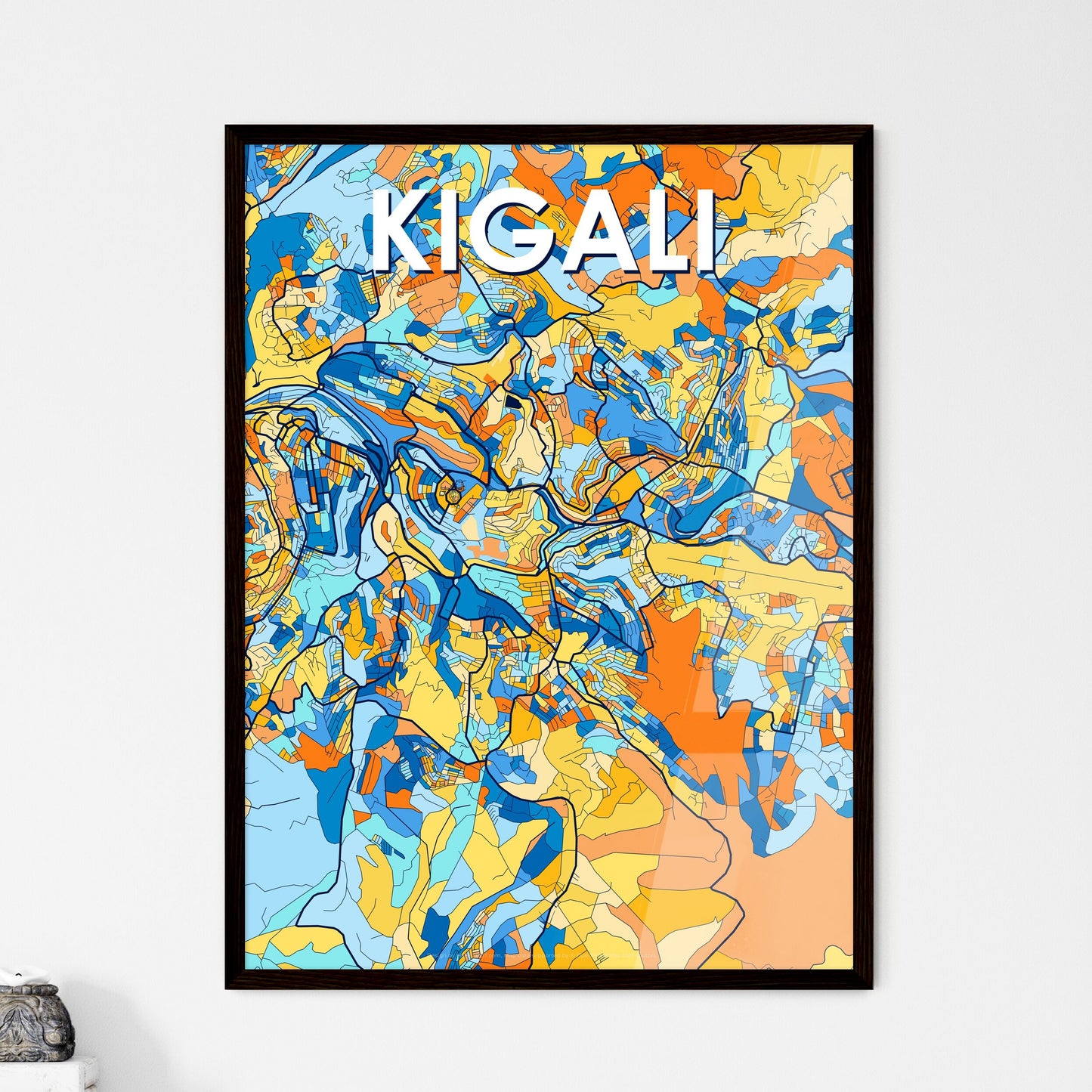 KIGALI RWANDA Vibrant Colorful Art Map Poster Blue Orange