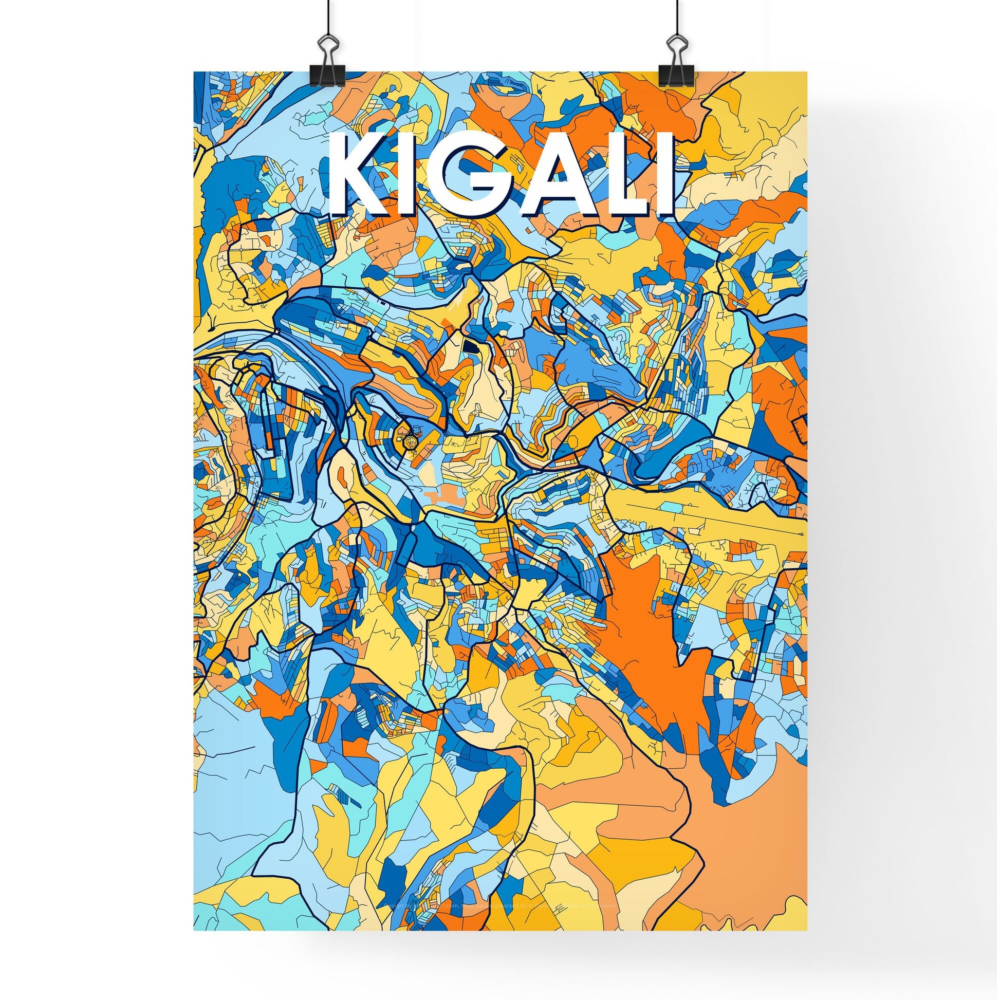 KIGALI RWANDA Vibrant Colorful Art Map Poster Blue Orange