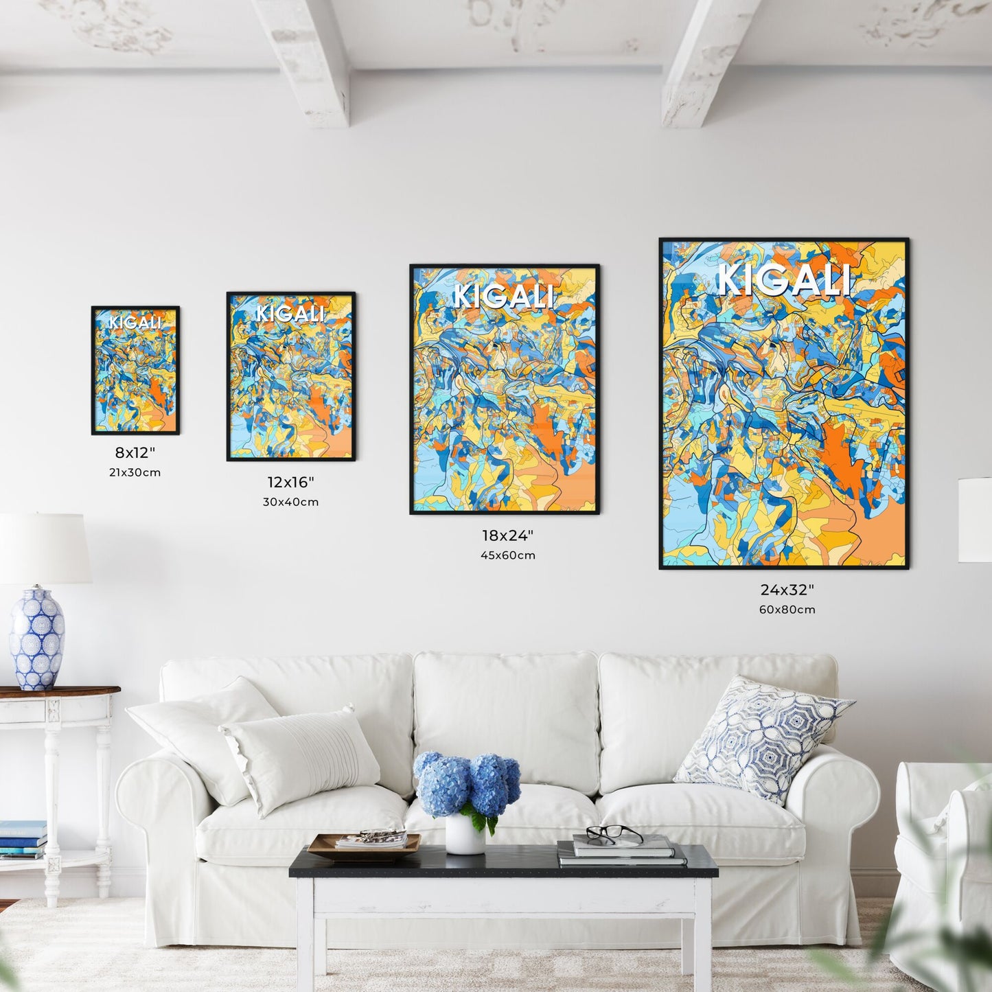 KIGALI RWANDA Vibrant Colorful Art Map Poster Blue Orange