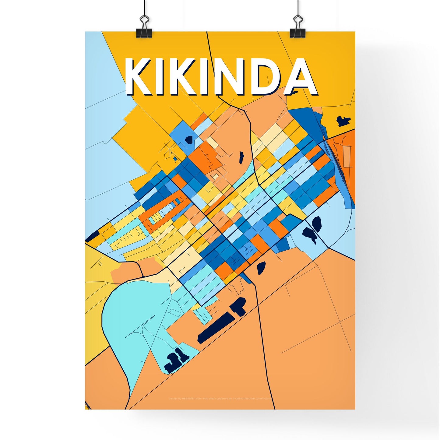 KIKINDA SERBIA Vibrant Colorful Art Map Poster Blue Orange