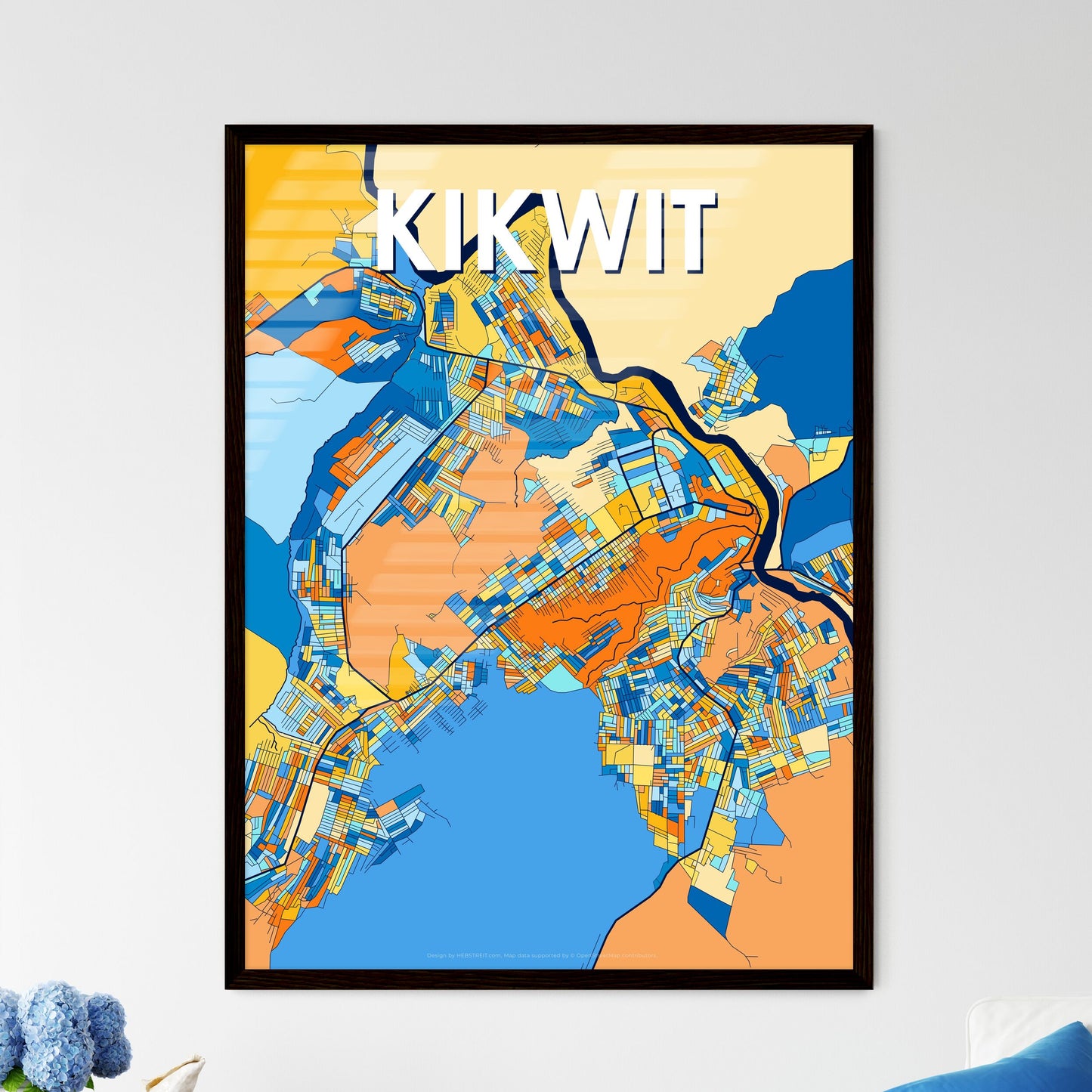 KIKWIT DR CONGO Vibrant Colorful Art Map Poster Blue Orange