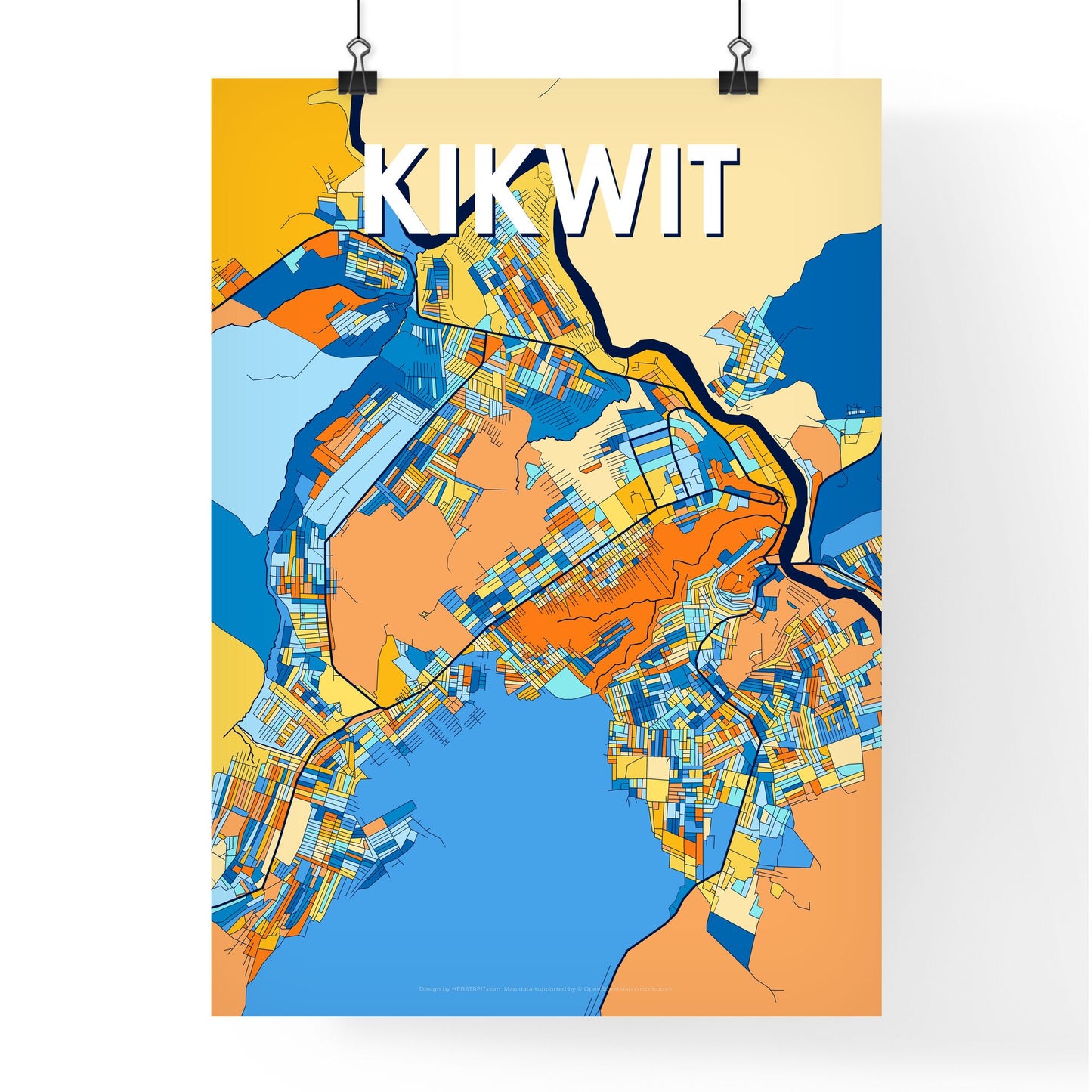 KIKWIT DR CONGO Vibrant Colorful Art Map Poster Blue Orange