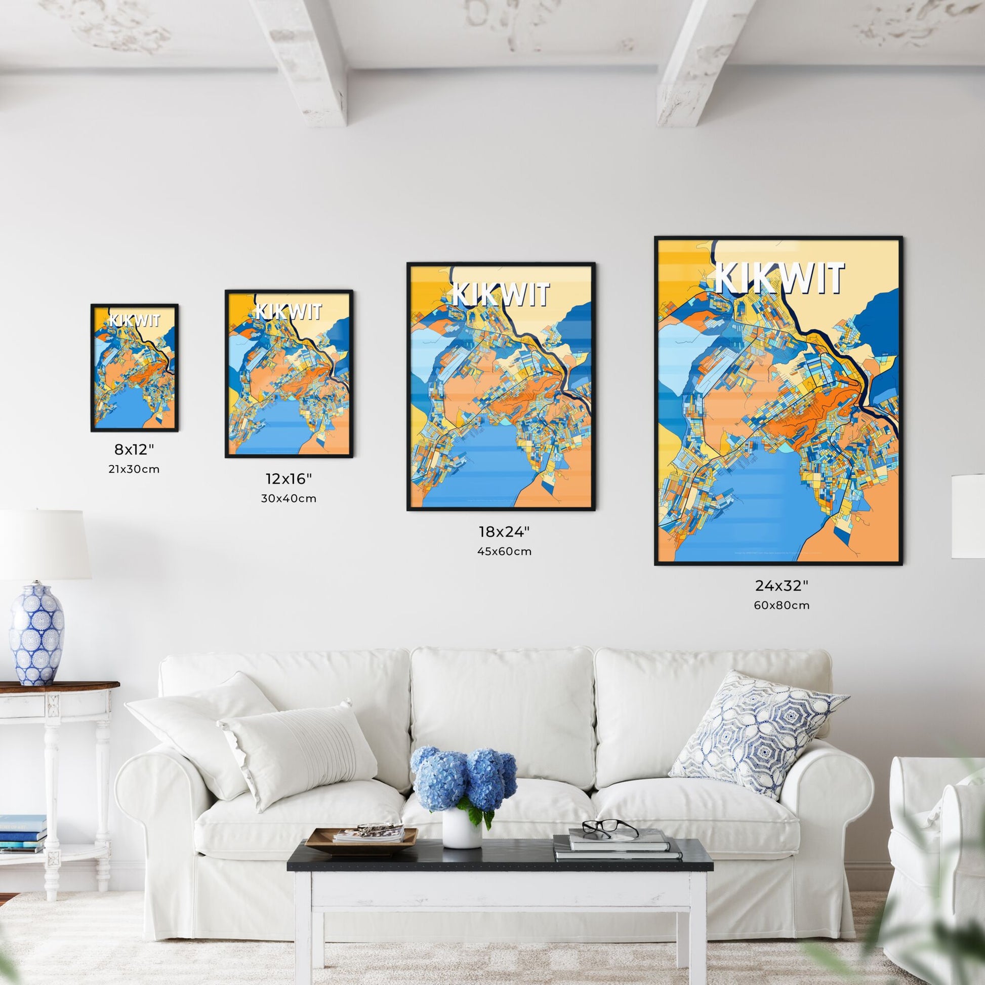 KIKWIT DR CONGO Vibrant Colorful Art Map Poster Blue Orange