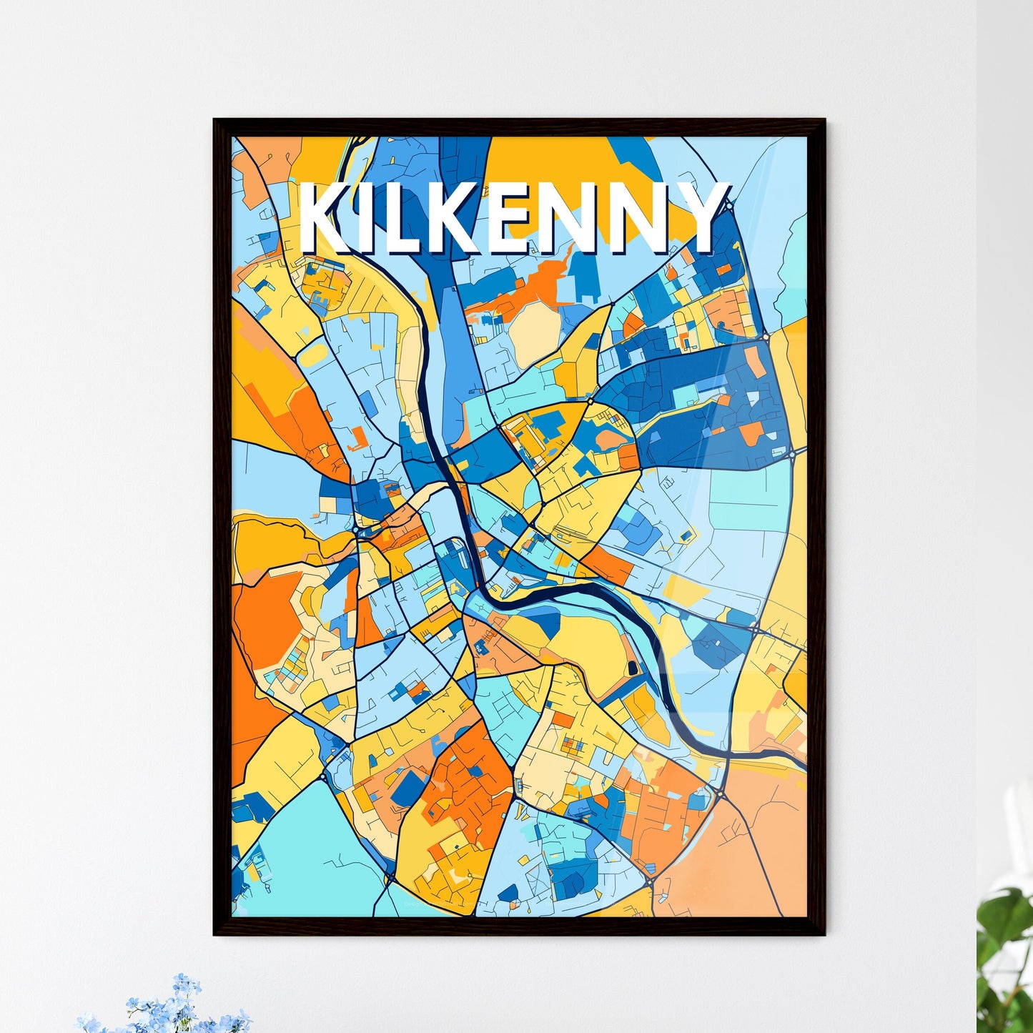 KILKENNY IRELAND Vibrant Colorful Art Map Poster Blue Orange