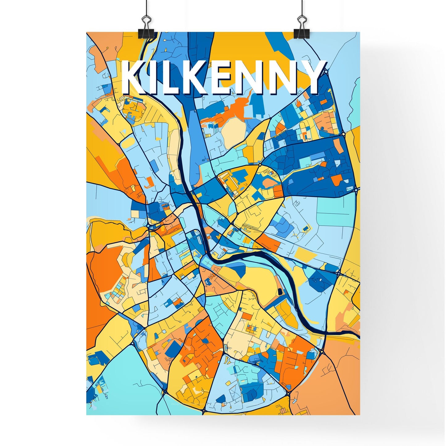 KILKENNY IRELAND Vibrant Colorful Art Map Poster Blue Orange