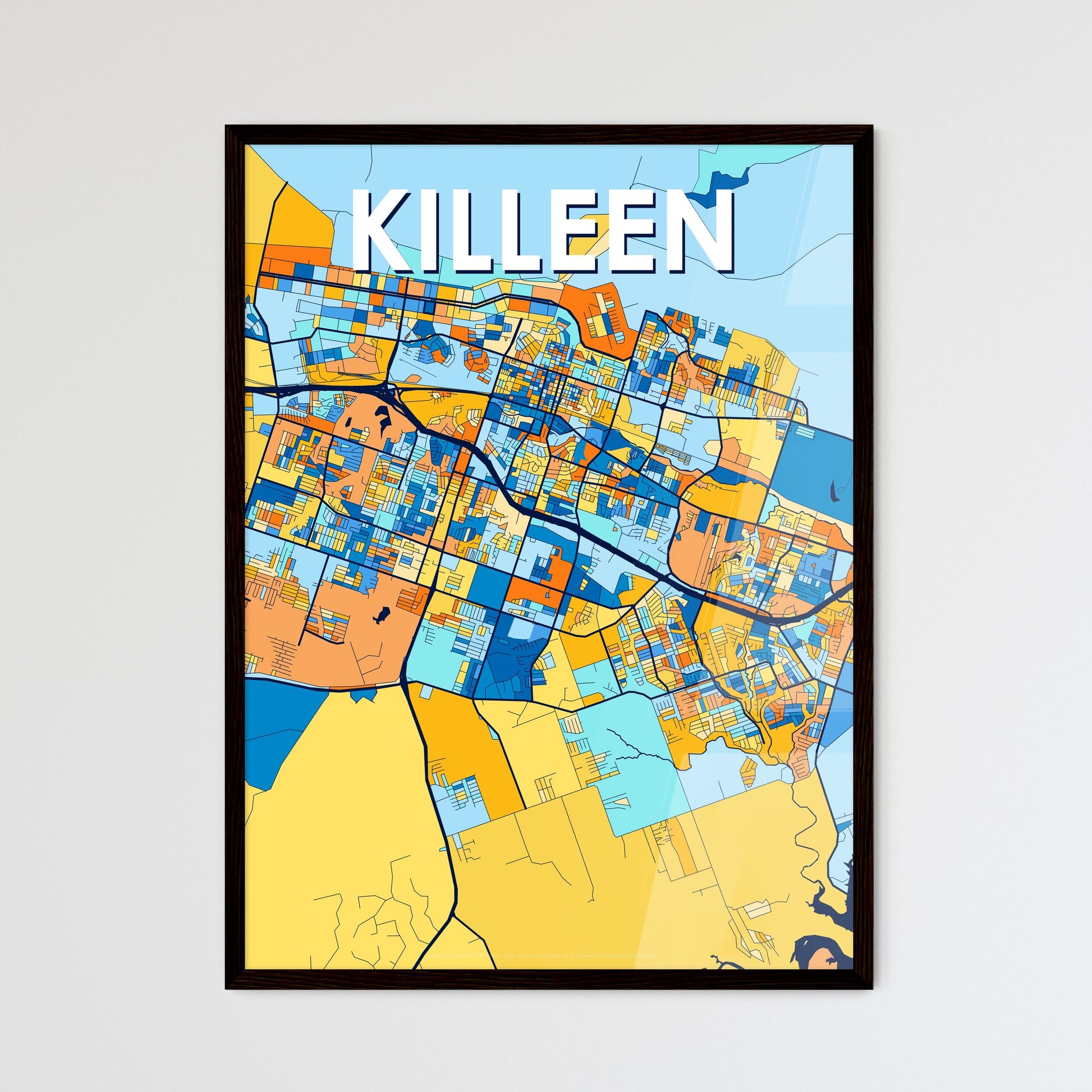 KILLEEN TEXAS Vibrant Colorful Art Map Poster Blue Orange