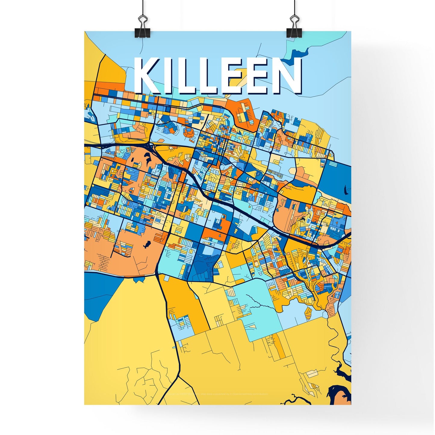 KILLEEN TEXAS Vibrant Colorful Art Map Poster Blue Orange