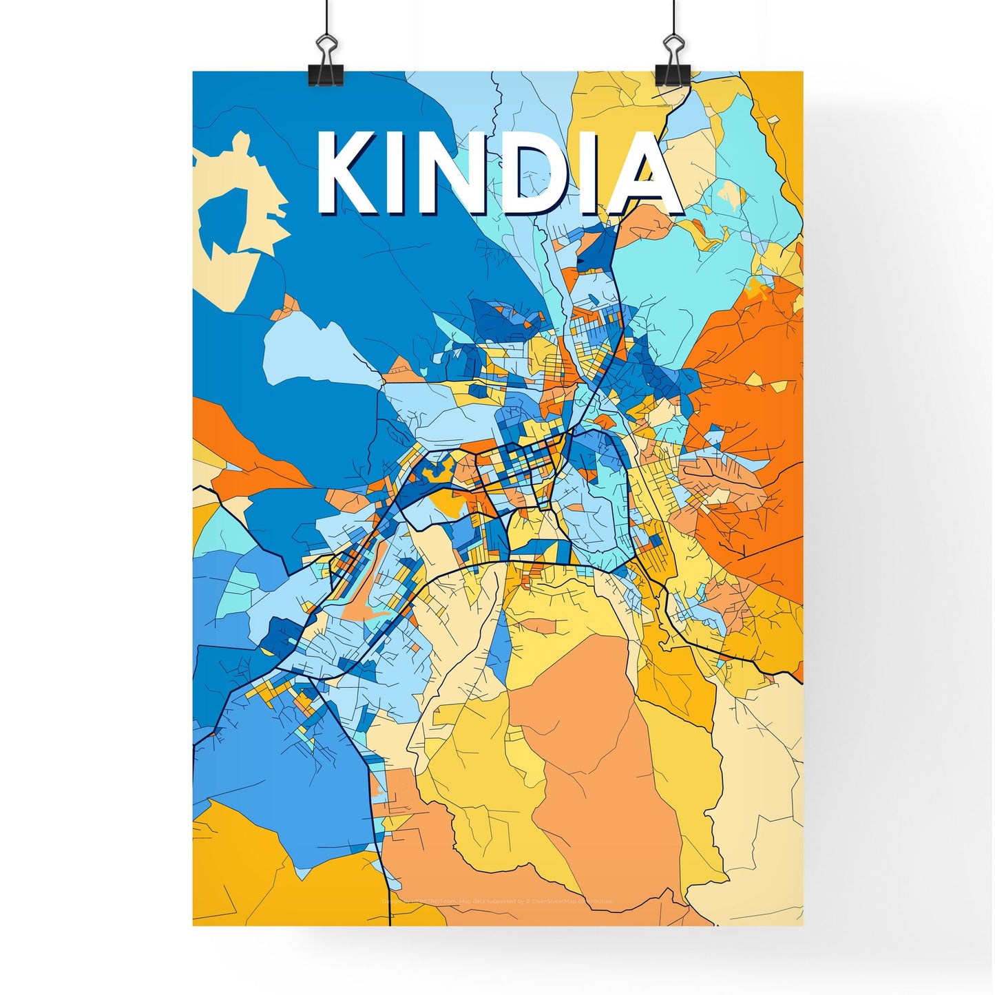 KINDIA GUINEA Vibrant Colorful Art Map Poster Blue Orange