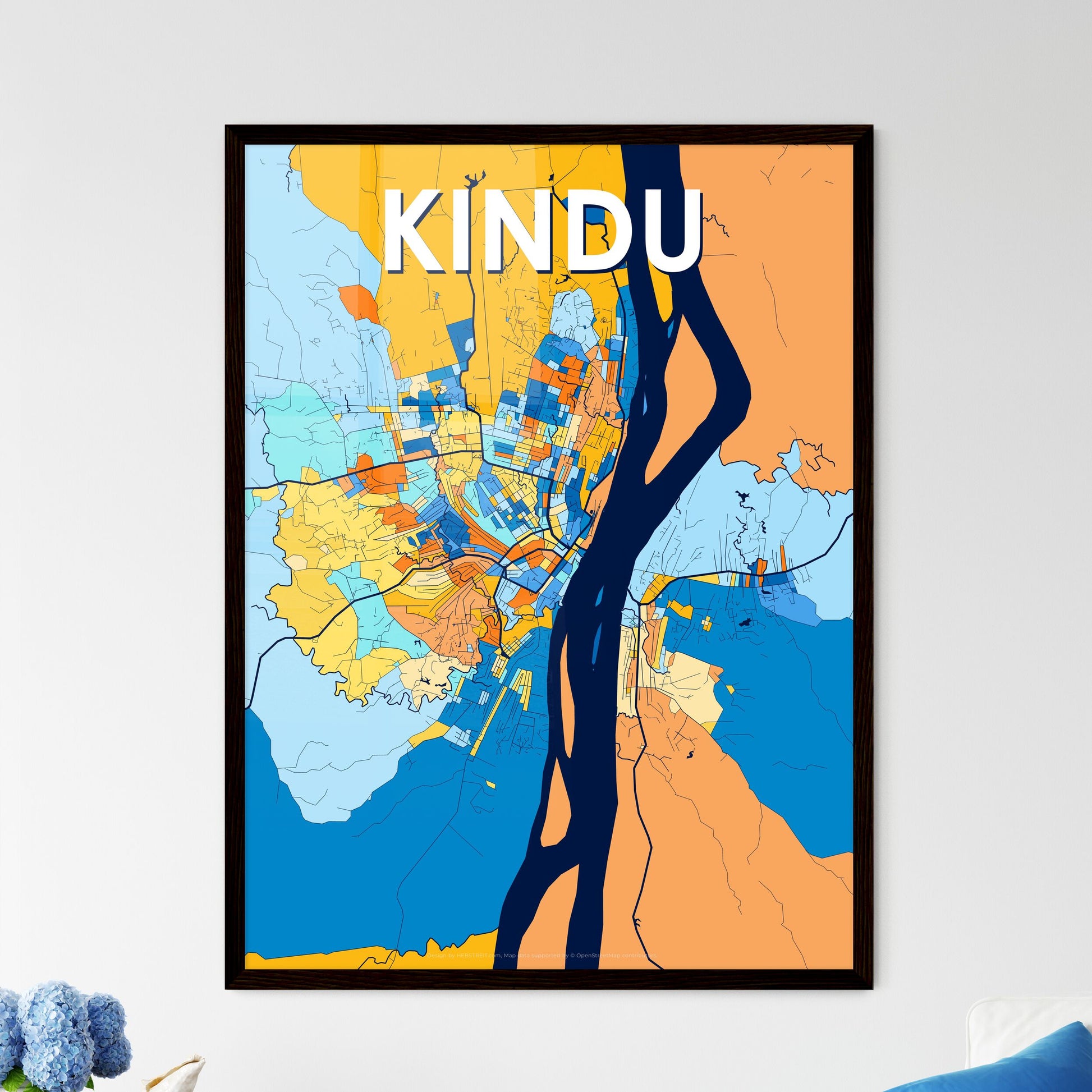 KINDU DR CONGO Vibrant Colorful Art Map Poster Blue Orange