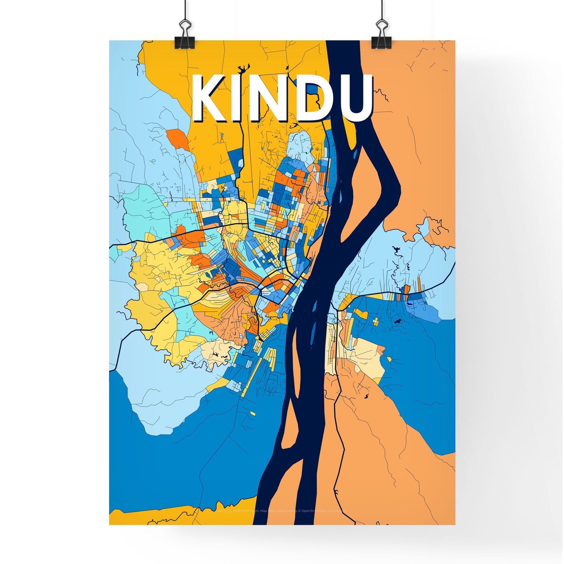 KINDU DR CONGO Vibrant Colorful Art Map Poster Blue Orange