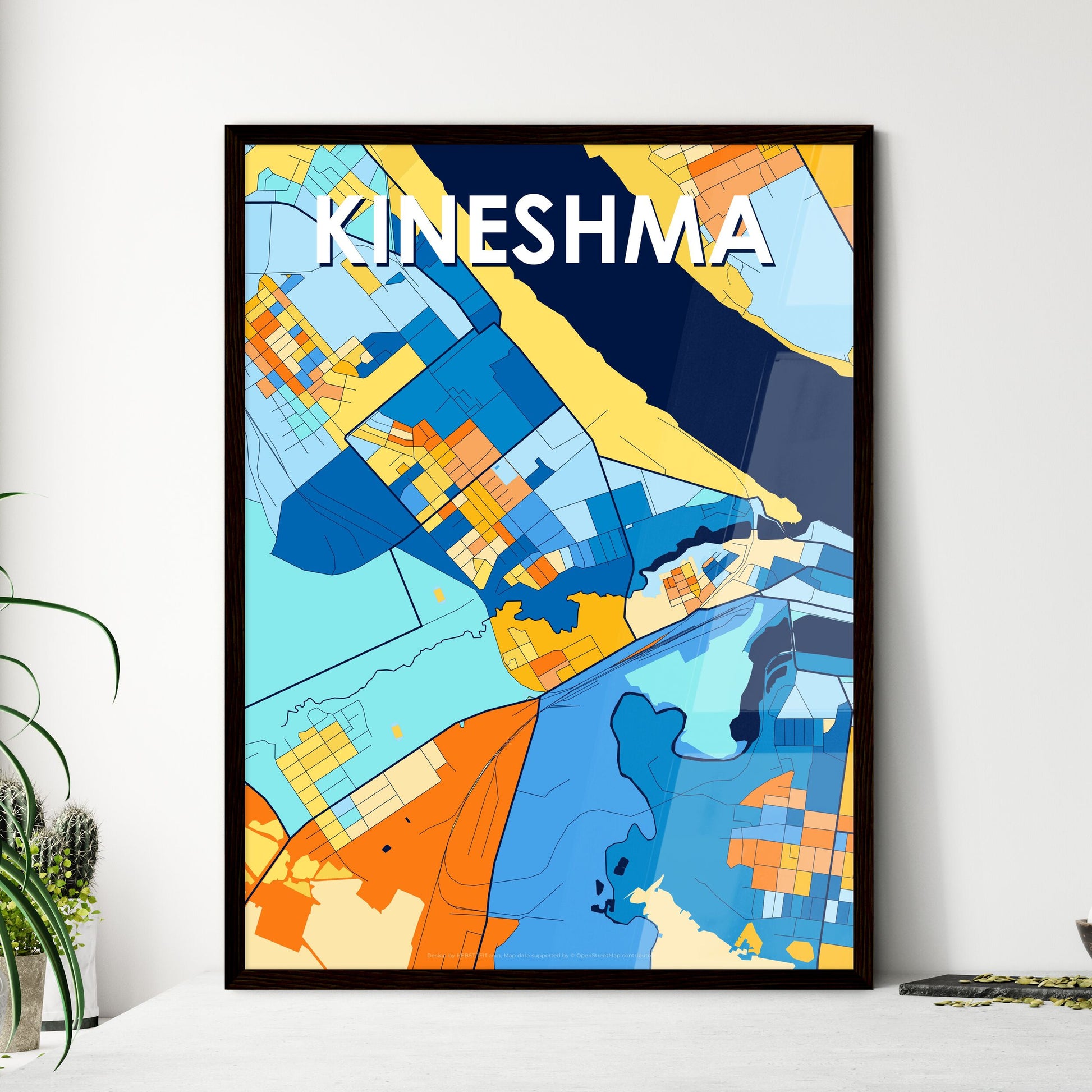 KINESHMA RUSSIA Vibrant Colorful Art Map Poster Blue Orange